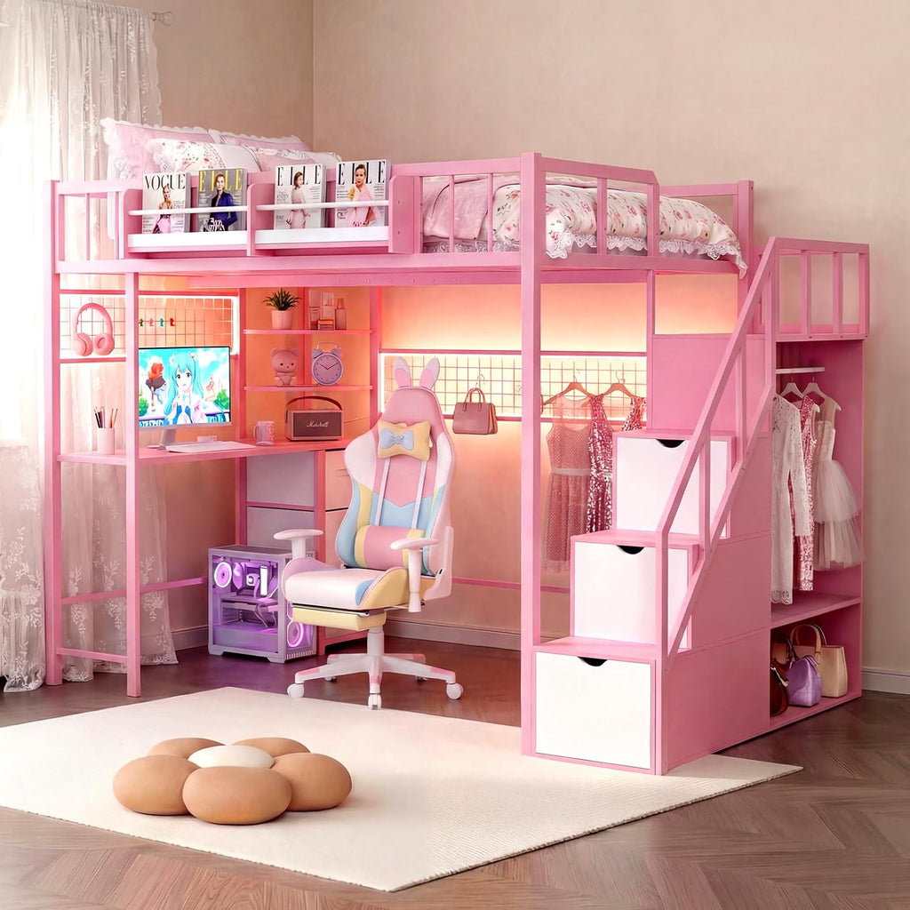 Kikihouse Twin Size Loft Bed with Desk and Stairs, Headboard, Wardrobe, Bedside Storage Shelf, 6 Drawers, Charging Station & LED Light, Metal Gaming Loft Bed Frame for Adult Space-Saving