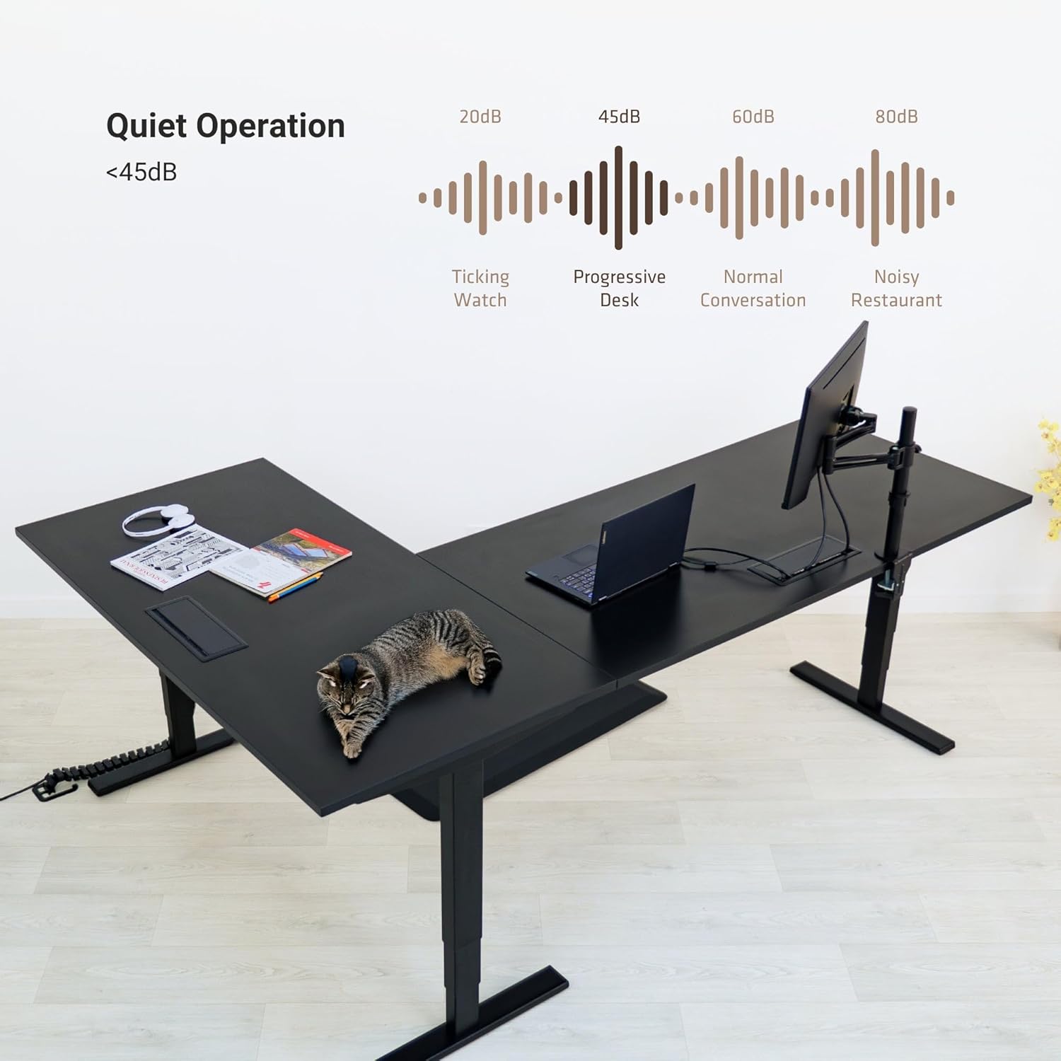 Progressive Desk Stand Up Height Adjustable Electric Standing Desk - L Shaped 60' x 72' Corner Computer Rising Workstation Table - Black Frame, Gray Oak Top