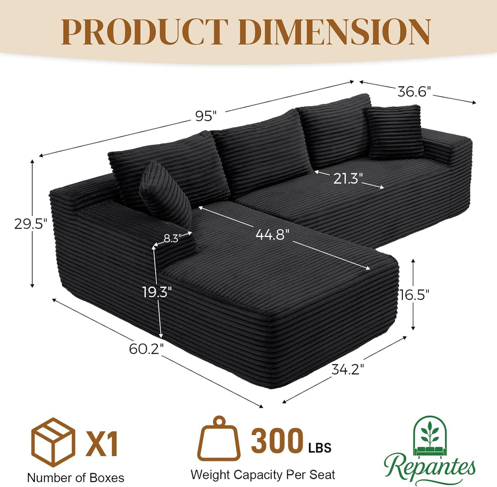 95' L Shaped Boneless Sectional Couches, Wide Armrest, Deep Seat, Memory Foam, Assembly Free, Modern Comfy Corduroy Fluffy Cloud Sofa with Left Chaise for Living Room, Small Spaces, Black