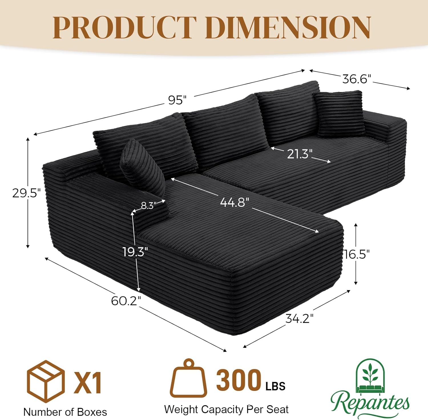 95' L Shaped Boneless Sectional Couches, Wide Armrest, Deep Seat, Memory Foam, Assembly Free, Modern Comfy Corduroy Fluffy Cloud Sofa with Left Chaise for Living Room, Small Spaces, Black