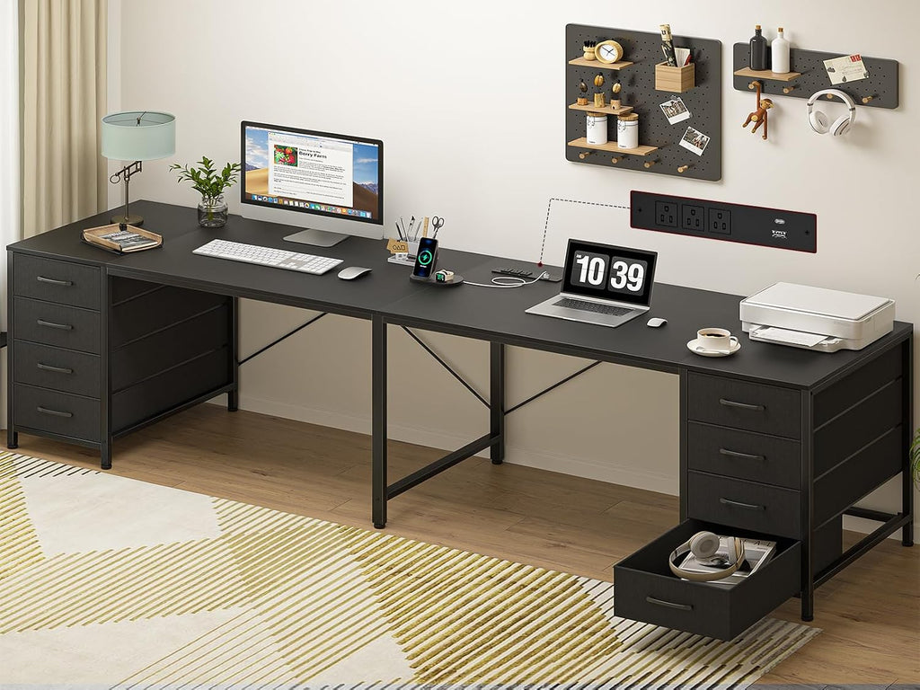 TVU 95' 2 Person Desk with 8 Drawers, Large Writing Home Office Desks with Outlets, I Shaped Workstation Double Desk Drawer Organizers