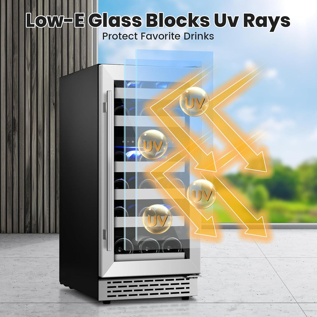 Wine Fridge Freestanding,15 Inch Wine Cooler Under Counter,28 Bottle Built-in Dual Zone Wine Refrigerator with Stainless Steel Reversible Door for Home and Kitchen