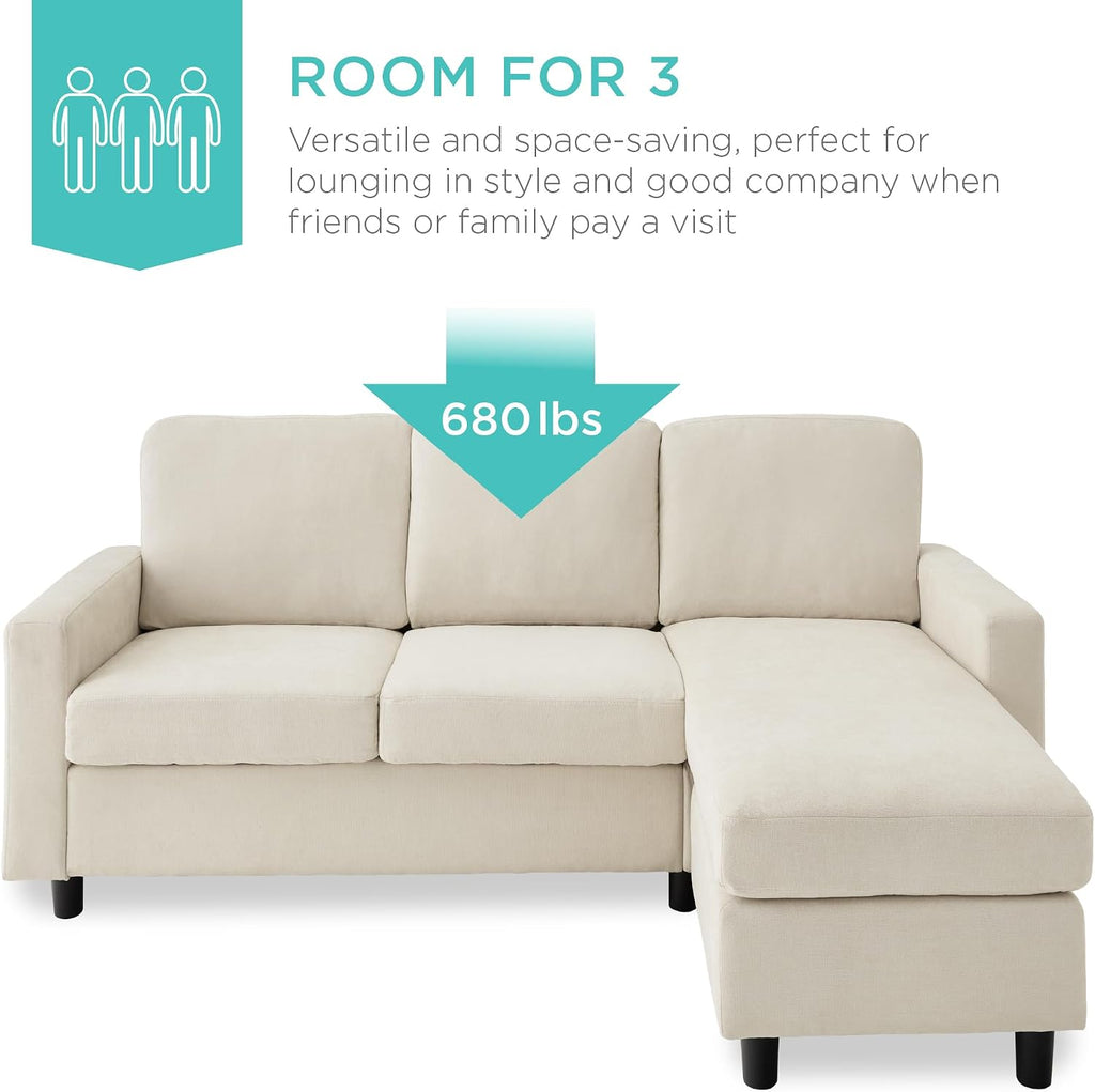Best Choice Products Upholstered Sectional Sofa for Home, Apartment, Dorm, Bonus Room, Compact Spaces w/Chaise Lounge, 3-Seat, L-Shape Design, Reversible Ottoman Bench, 680lb Capacity - Ivory