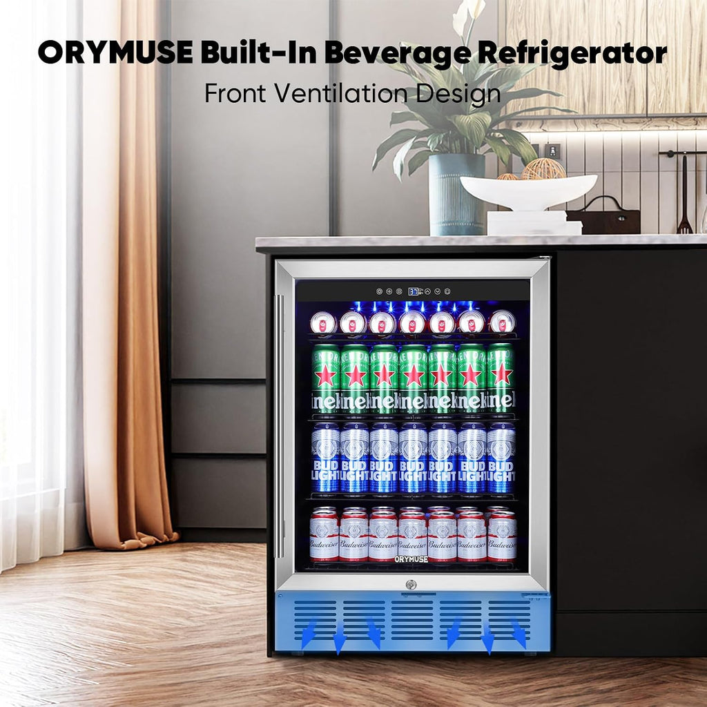 ORYMUSE 24' Beverage Refrigerator, 180 Can Under Counter Drink Cooler with Glass Door & Lock, Built-in or Freestanding Mini Fridge with Quiet Compressor Cooling for Beer, Soda & Wine