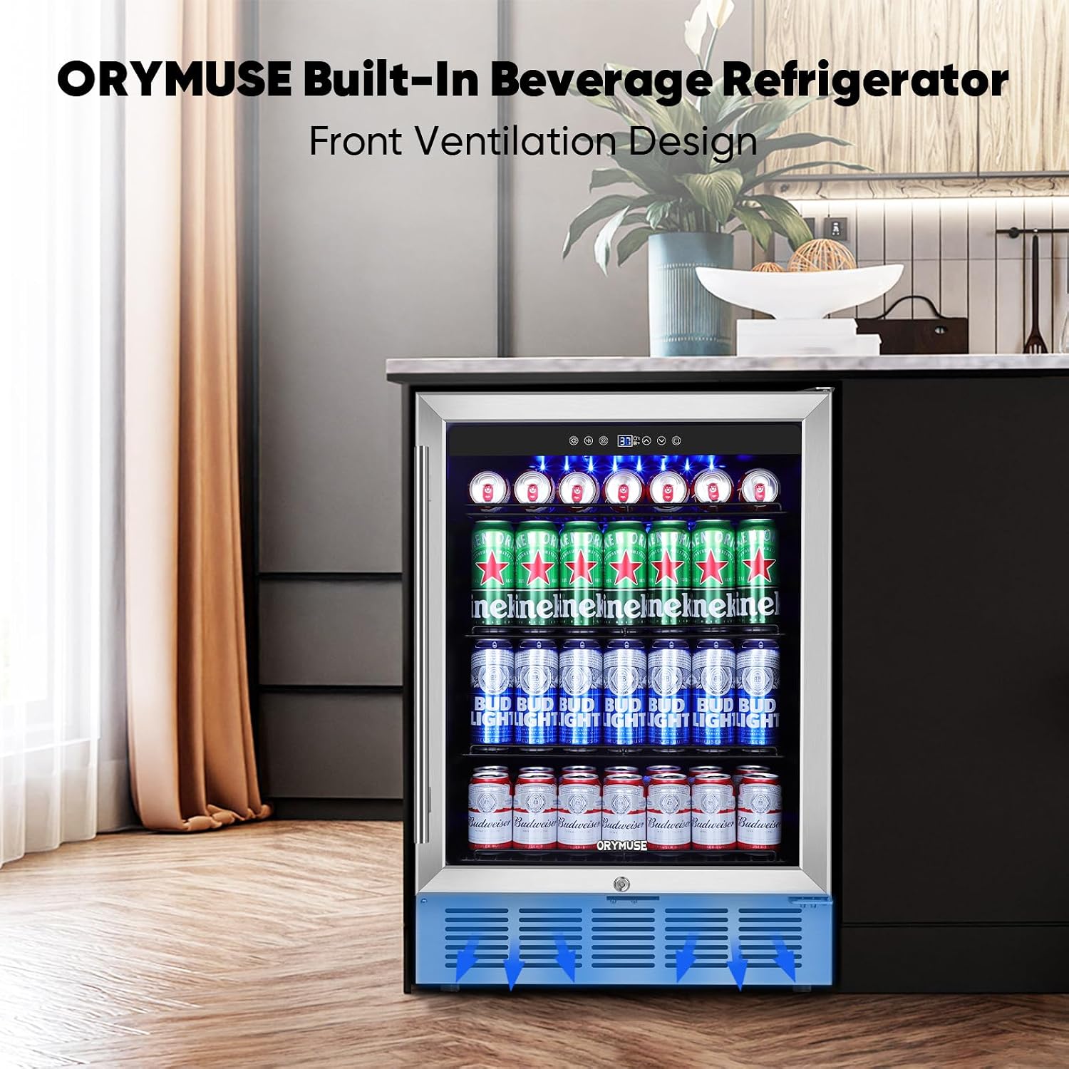 ORYMUSE 24' Beverage Refrigerator, 180 Can Under Counter Drink Cooler with Glass Door & Lock, Built-in or Freestanding Mini Fridge with Quiet Compressor Cooling for Beer, Soda & Wine