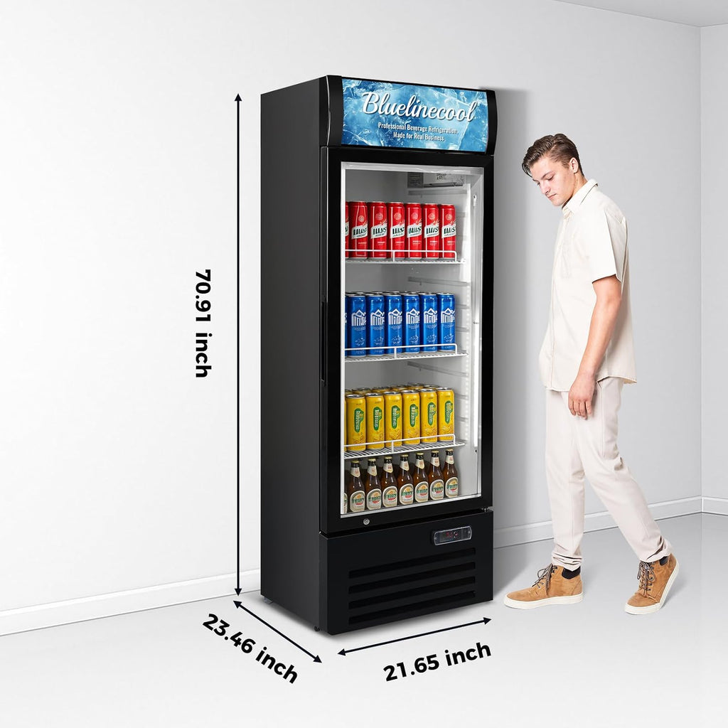 Commercial Refrigerators 9 Cu.Ft Upright Merchandiser Drink Cooler – Glass Door Beverage Fridge with LED Light, Adjustable Shelves, Lock Wheels – Display Refrigerator for Beer, Bar, Shop