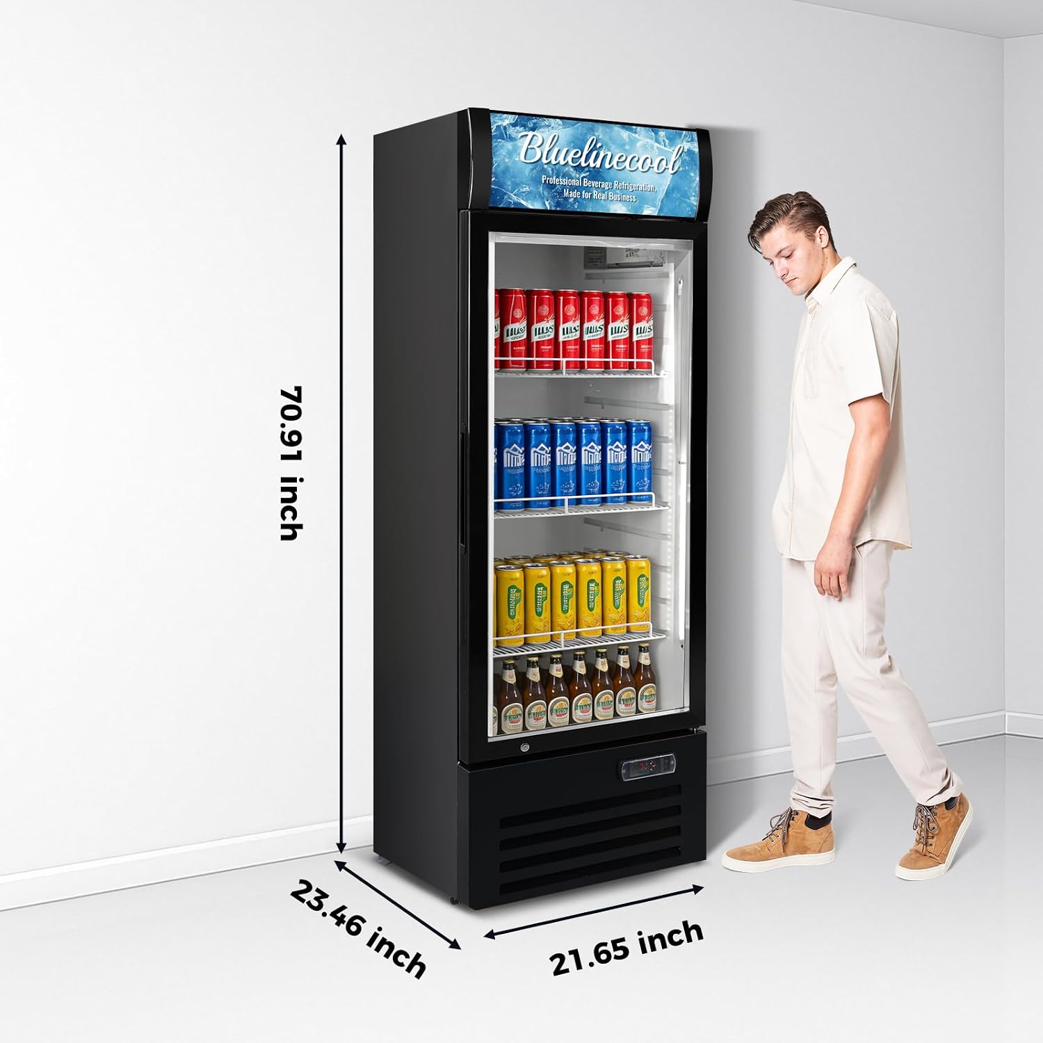 Commercial Refrigerators 9 Cu.Ft Upright Merchandiser Drink Cooler – Glass Door Beverage Fridge with LED Light, Adjustable Shelves, Lock Wheels – Display Refrigerator for Beer, Bar, Shop