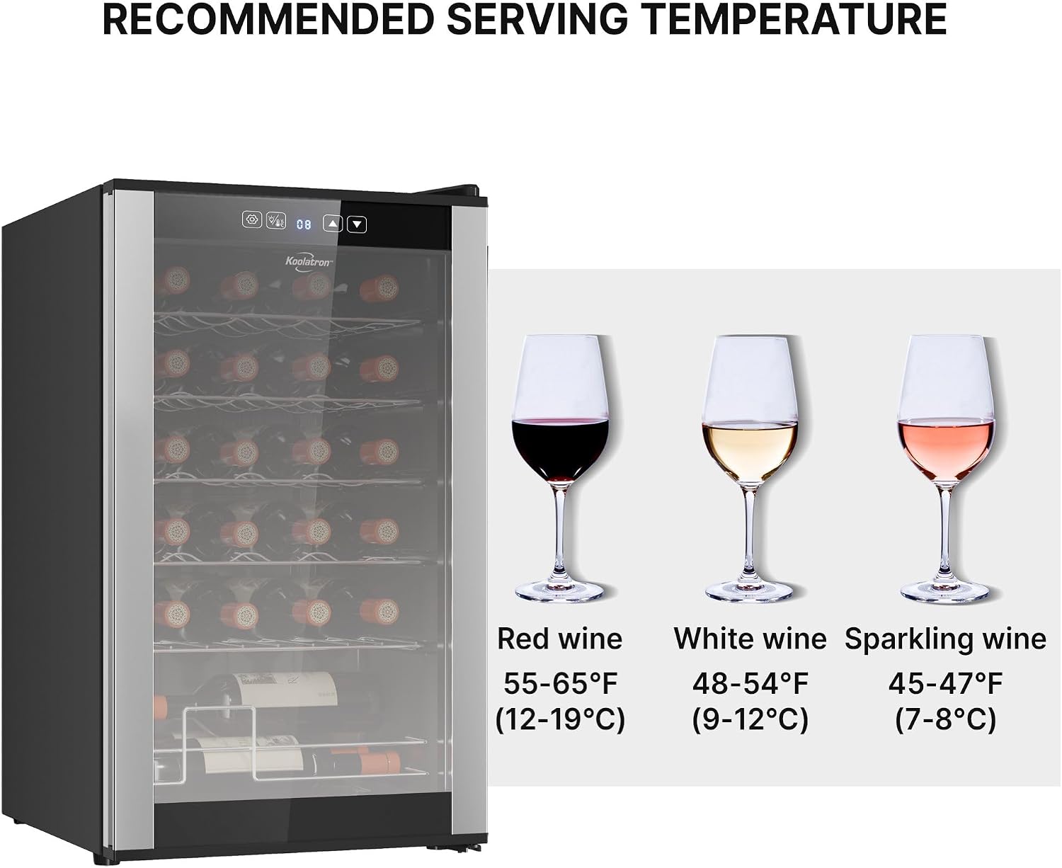 Koolatron 24 Bottle Wine Fridge – Freestanding Wine Cooler with Glass Door, 2.4 cu. ft (68 L), Beverage Can Refrigerator, Digital Temperature Control, Ideal for Red, White, Sparkling Wine, Champagne