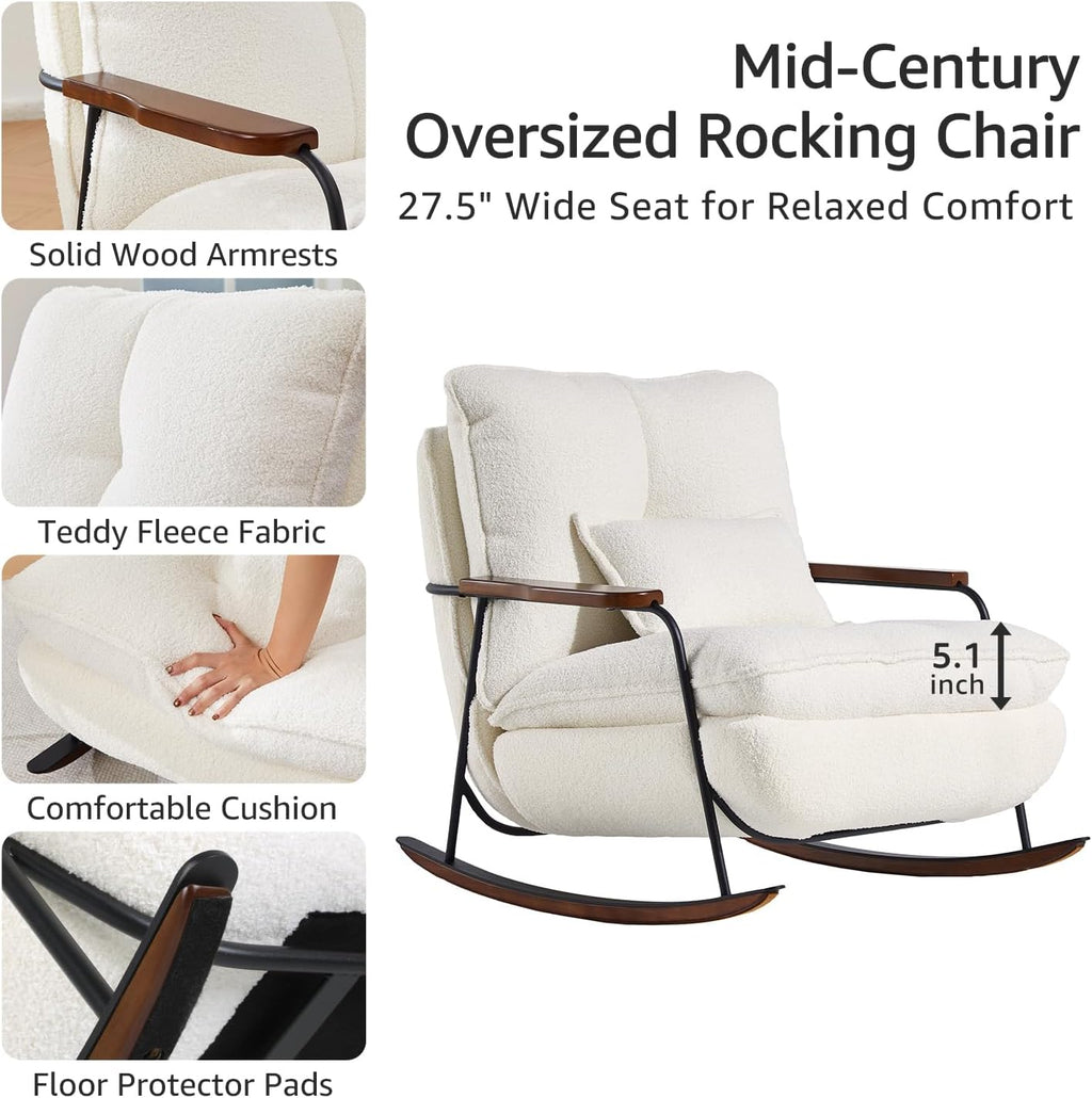 zyz Nursery Rocking Chair with Pillow, Teddy Upholstered Oversized Accent Chair Rocker Recliner, Solid Wood Frame, DIY Ottoman Footrest, Lazy Sofa for Living Room Bedroom (Teddy, White)