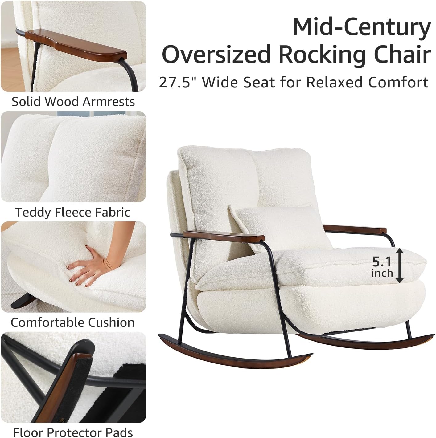 zyz Nursery Rocking Chair with Pillow, Teddy Upholstered Oversized Accent Chair Rocker Recliner, Solid Wood Frame, DIY Ottoman Footrest, Lazy Sofa for Living Room Bedroom (Teddy, White)