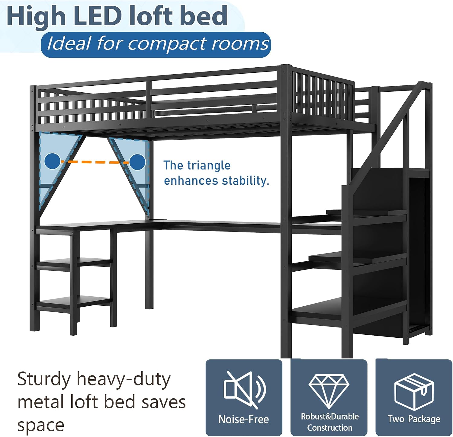 Full Size Loft Bed with Stairs and Desk, Gaming Loft Beds with RGB LED Light and Storage Shelf, Heavy-duty Metal Loft Bed Frame with Wardrobe, Charging Station for Adults Kids Teens, Black