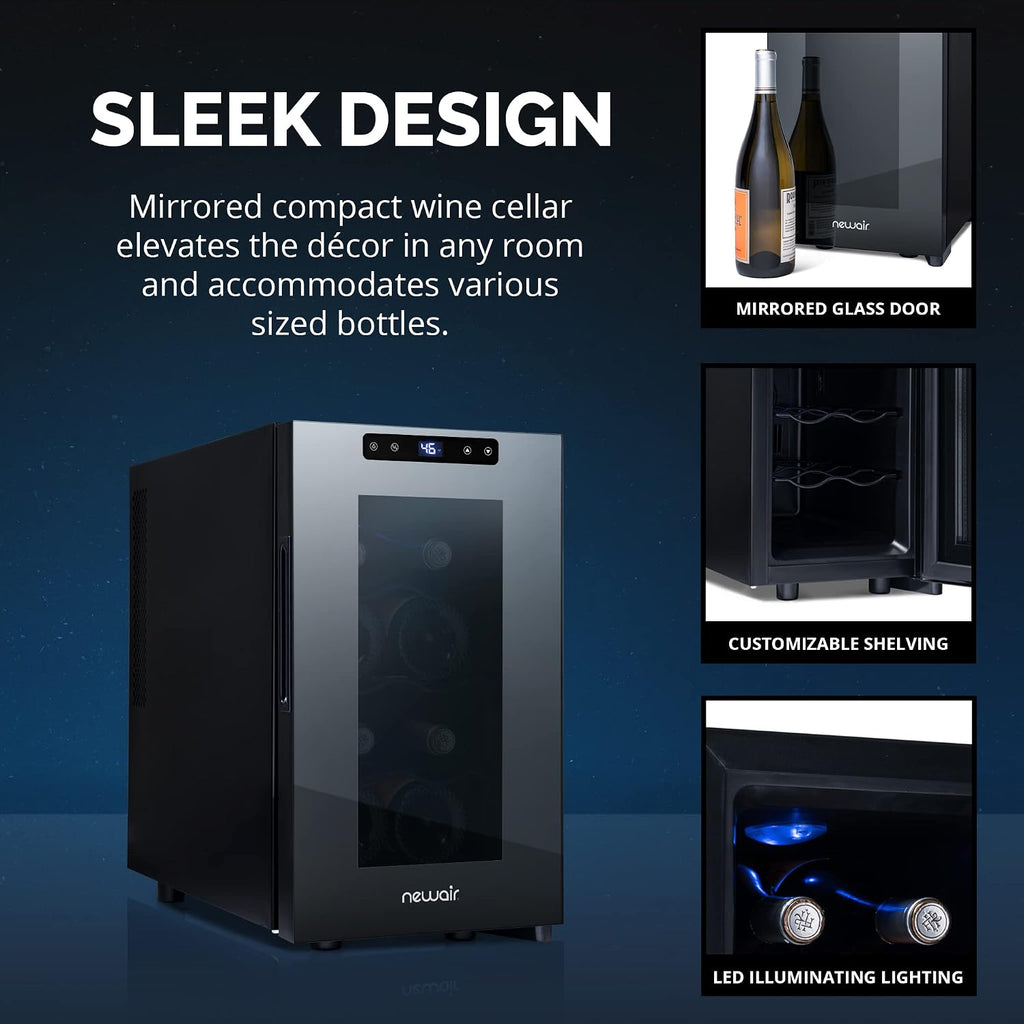 NewAir Shadow-T Series 8 Bottle Thermoelectric Wine Fridge, Countertop Wine Refrigerator, Mirrored Compact Wine Cellar, Triple-Layer Glass Door Cooler, Vibration-Free & Ultra-Quiet Cooling