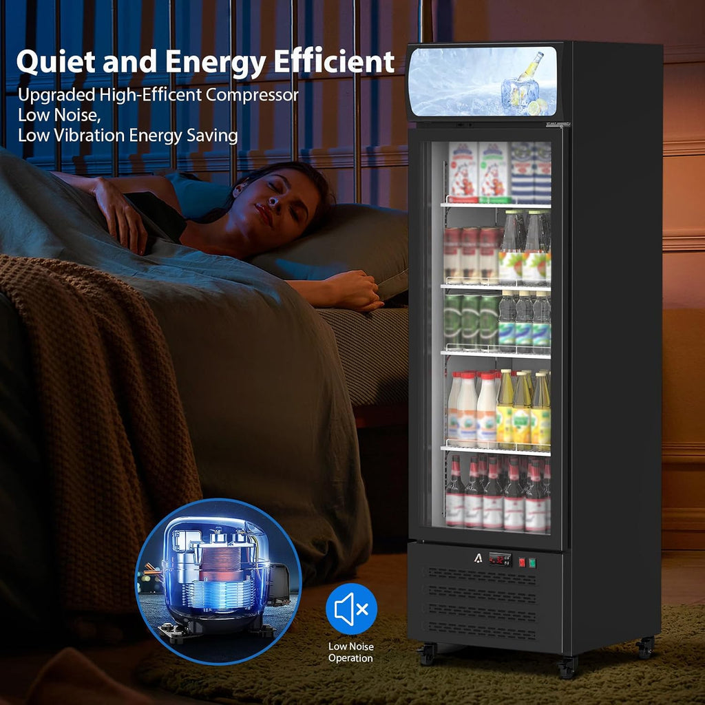IDEALHOUSE 13.4 Cu.Ft Commercial Display Refrigerator, Single Glass Door Beverage Cooler with 4 Adjustable Shelves & LED Lighting, Black Drink Fridge for Store or Home