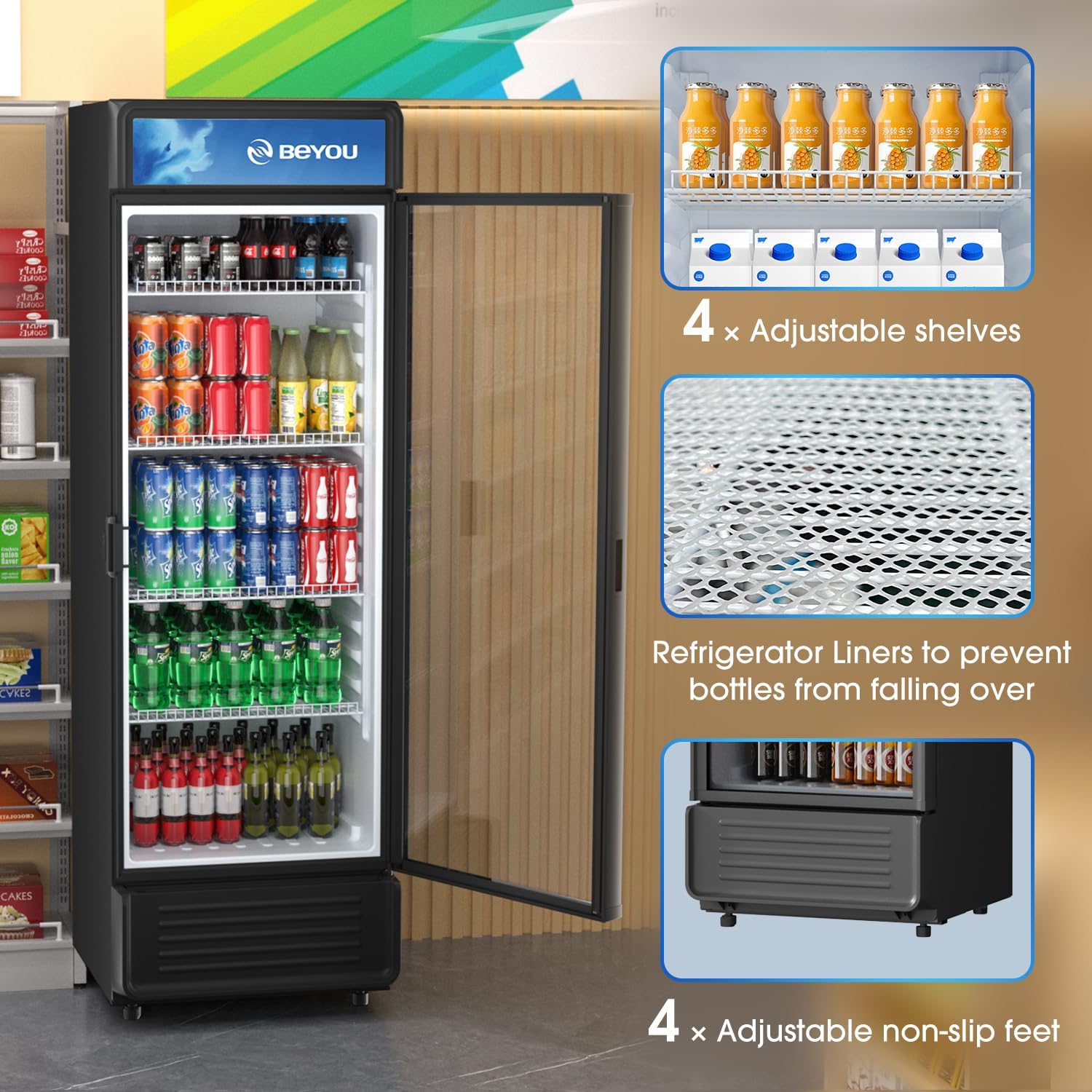 BEYOU Commercial Beverage Refrigerator, 9.7 cu. Ft Upright Dispaly Merchandiser with Single Glass Door, Drink Cooler for Living Room,Bar, Garage（Black）