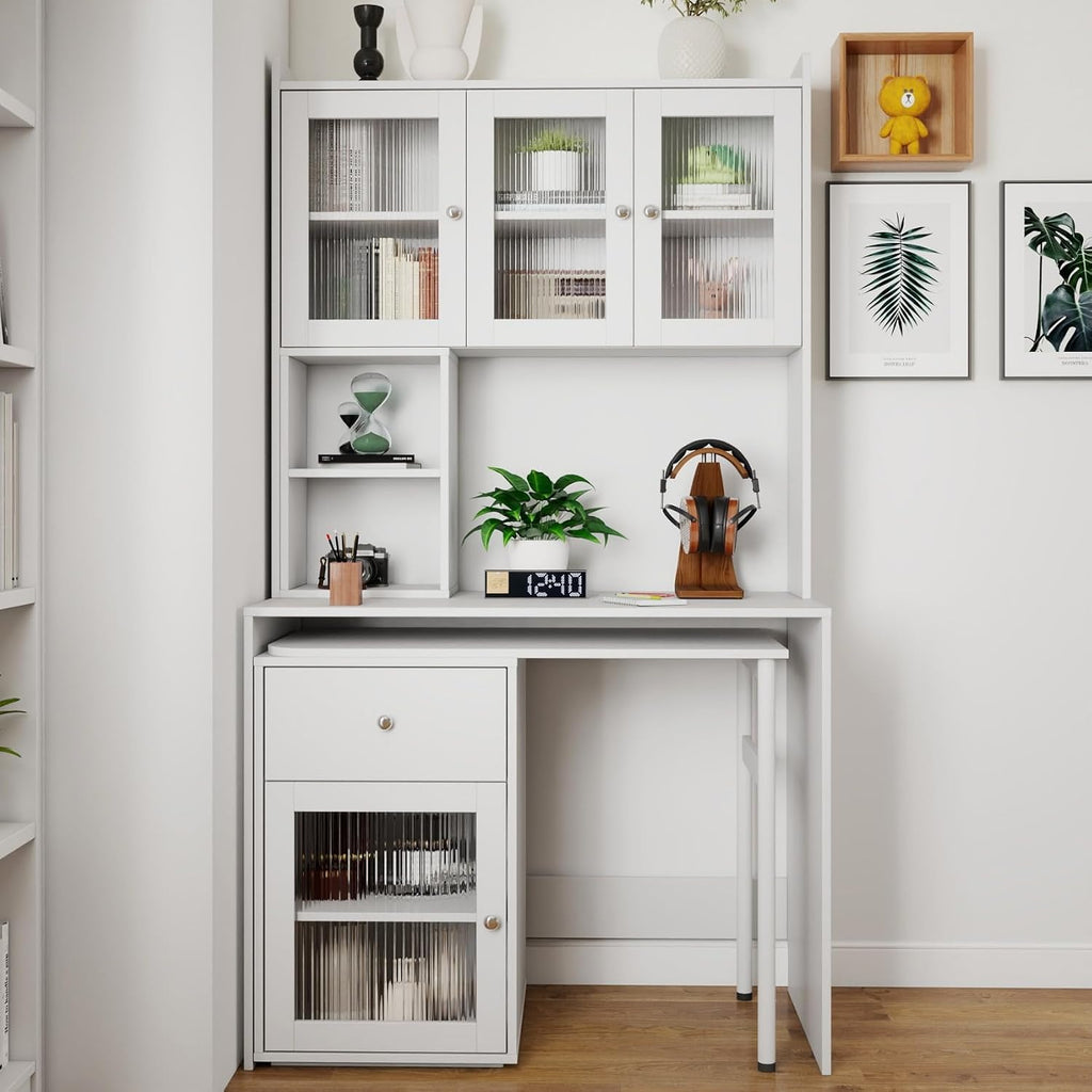 KEIKI L Shaped Home Office Desks with 90° Rotating Retractable Desktop, Glass Door, Hutch, Drawers, Bookshelf & Storage Shelves, Modern Gaming Computer Corner Table for Work, Study, Writing, White