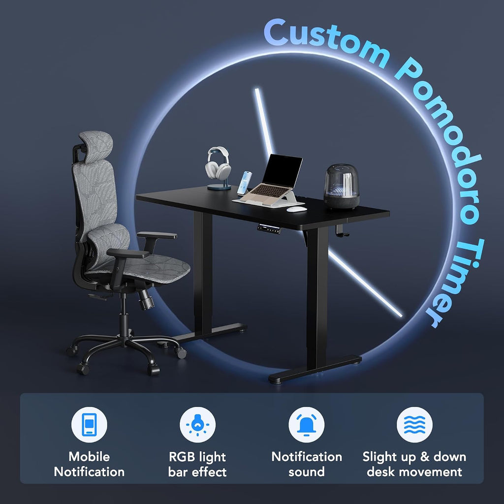 HUANUO 55' AI Smart Standing Desk with App-Synced Sedentary Reminders, Electric Height Adjustable Desk with Body-Data Ergonomic Presets, Voice Control Alexa/Google/Siri, 3 Memory Settings Table, Black