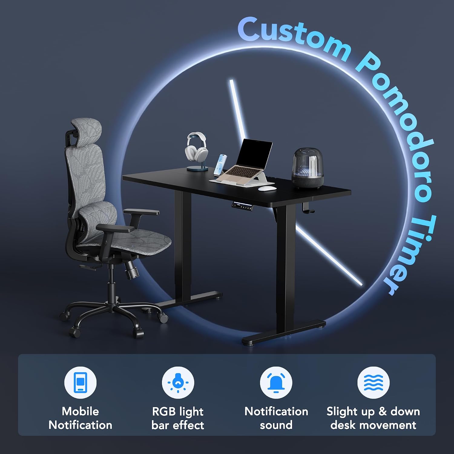 HUANUO 55' AI Smart Standing Desk with App-Synced Sedentary Reminders, Electric Height Adjustable Desk with Body-Data Ergonomic Presets, Voice Control Alexa/Google/Siri, 3 Memory Settings Table, Black