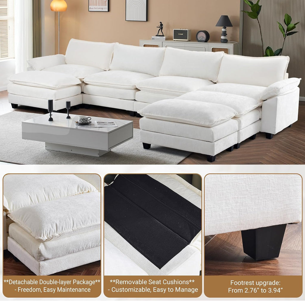 VINGLI 157' Cloud White/Cream Convertible Sectional Sofa, Comfy U-Shape Extra Deep Seat Sofa Couch for Living Room,Modern Chenille 4-Seat Convertible Sofa with 3 Movable Ottomans for Small Space