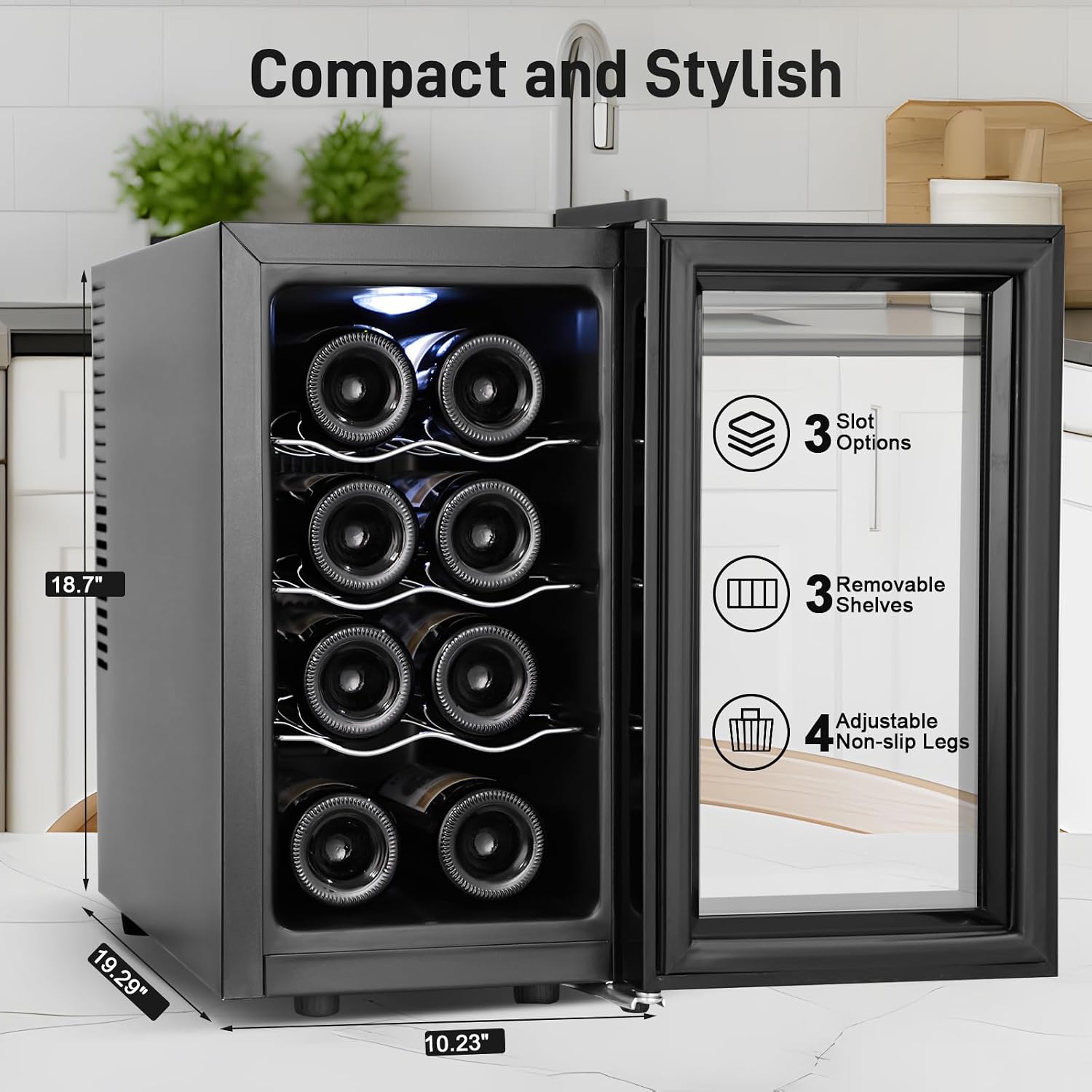 Tylza 8 Bottles Wine Fridge, Wine Cellar with Low-E Tempered Glass Door, LED Touchscreen, Lock, Frost Free, No Vibration, Wine Cooler Refrigerator for Red, White, Champagne or Sparkling Wine, Black