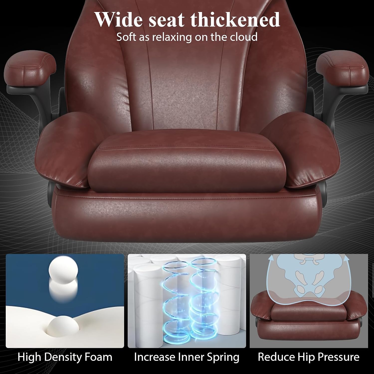 Office Desk Chair, Executive Leather Office Chair, High Back Ergonomic Home Desk Chair with Padded Flip-up Arms, Big and Tall Computer Chair with Rocking Function, 360°Swivel Free, Brown