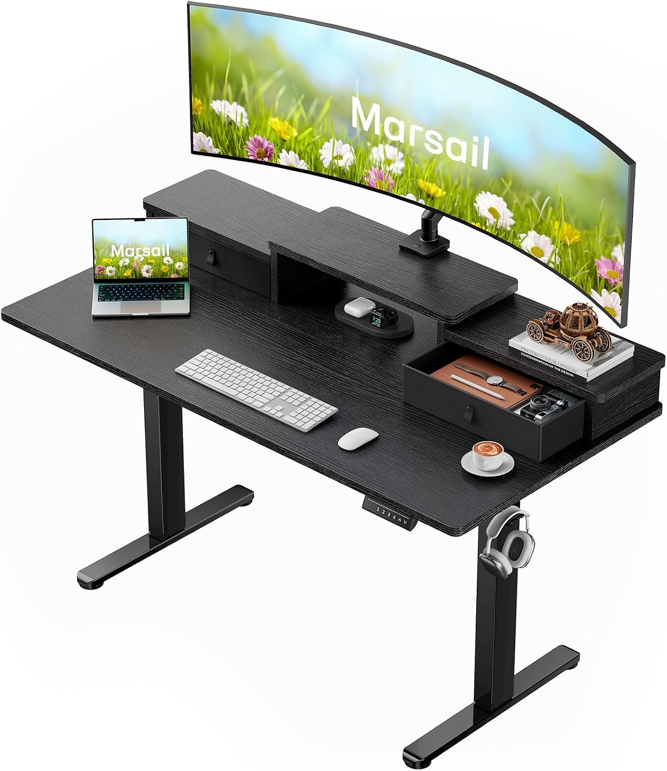 Marsail 55″ x 28″ Electric Standing Desk with Drawers, Height Adjustable Sit Stand Up Desk with Storage Shelf, Ergonomic Home Office & Computer Table with 4 Memory Heights, Black