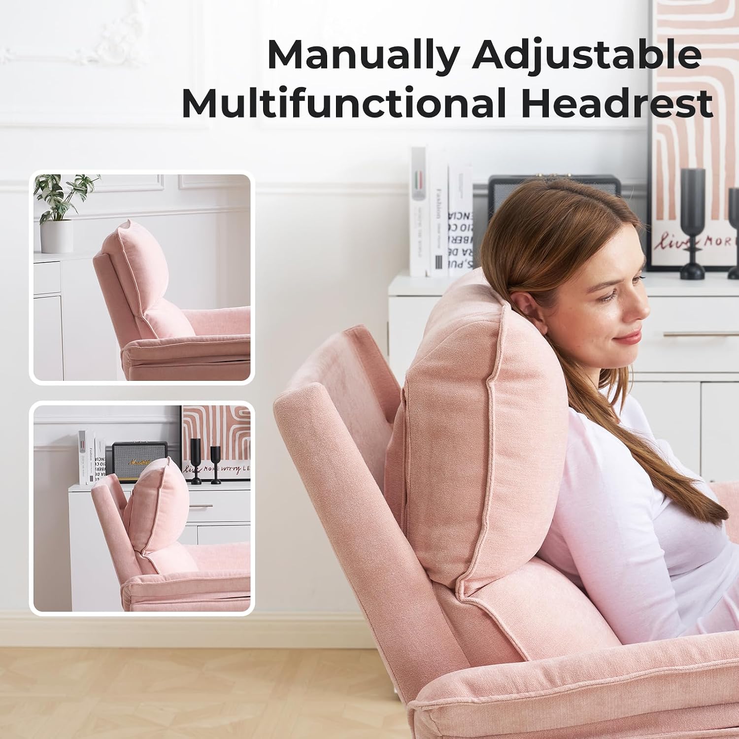 Oversized Recliner Chair, 26' Extra Wide 360° Swivel Rocker Recliner with Adjustable Headrest, Chenille Glider Rocking Nursery Chair with Overstuffed Armrest, Lumbar Support, Pink