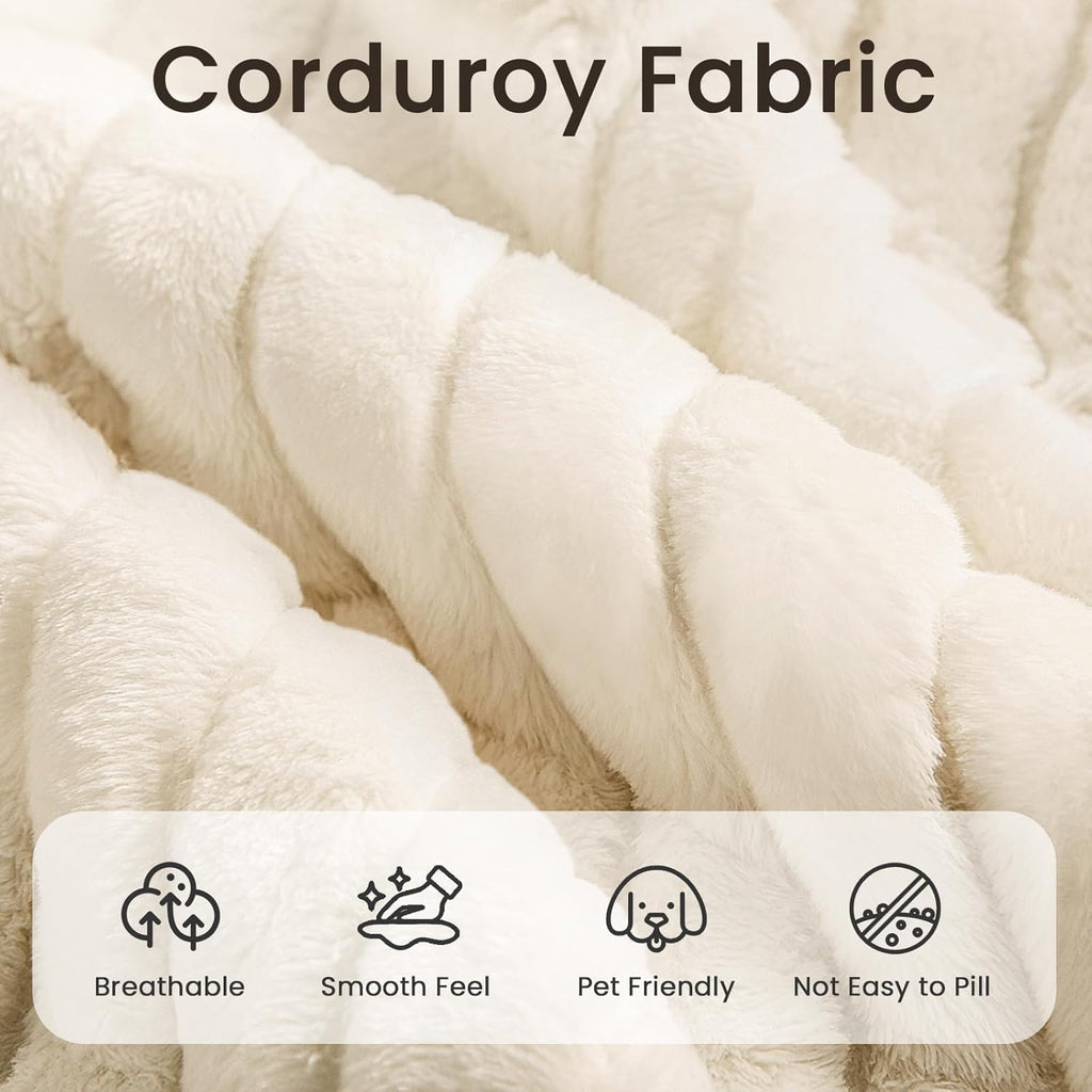 110' Cloud Modular Sectional Combination Couch with Ottoman, Deep Seat L-Shaped Sofa with Oversized Lounge, Modern Corduroy Upholstered Memory Foam Sofa for Bedroom, No Assembly (Natural White)