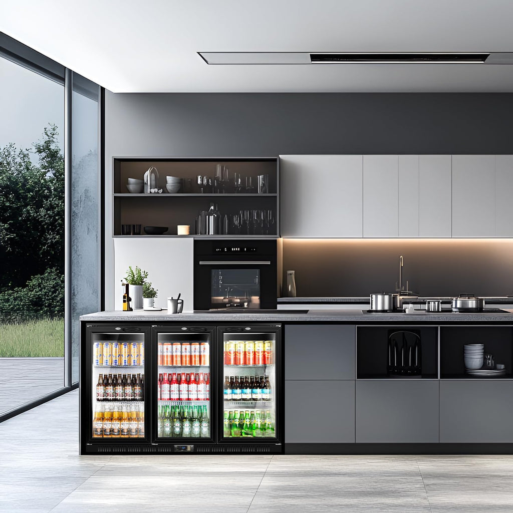 Tylza Back Bar Cooler With 3 Glass Doors, 312L Under Counter Back Bar Refrigerator with LED Lighting, Safety Locks, Counter Height Bar Beverage Cooler for Beer, Soda Drinks, Wine, Black