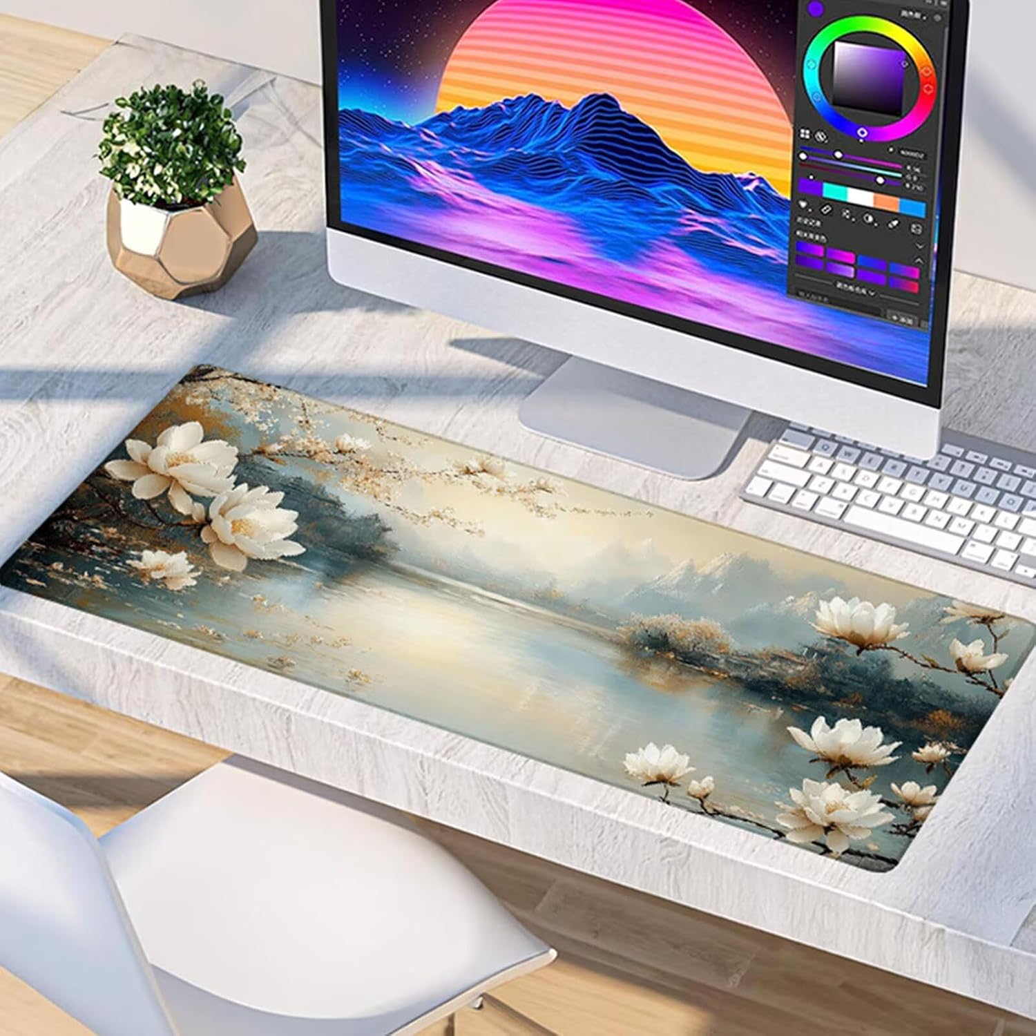 Flower Mouse Pad, Gaming Mouse Pad 60x32in, Desk Mat with Stitched Edges, Large Mousepad Waterproof, Gaming Accessories Keyboard Mat, Office Desk Accessories, for Gamer Computer Office, White 8-9879