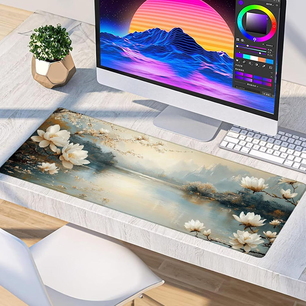 Flower Mouse Pad, Gaming Mouse Pad 64x32in, Desk Mat with Stitched Edges, Large Mousepad Waterproof, Gaming Accessories Keyboard Mat, Office Desk Accessories, for Gamer Computer Office, White S-2229