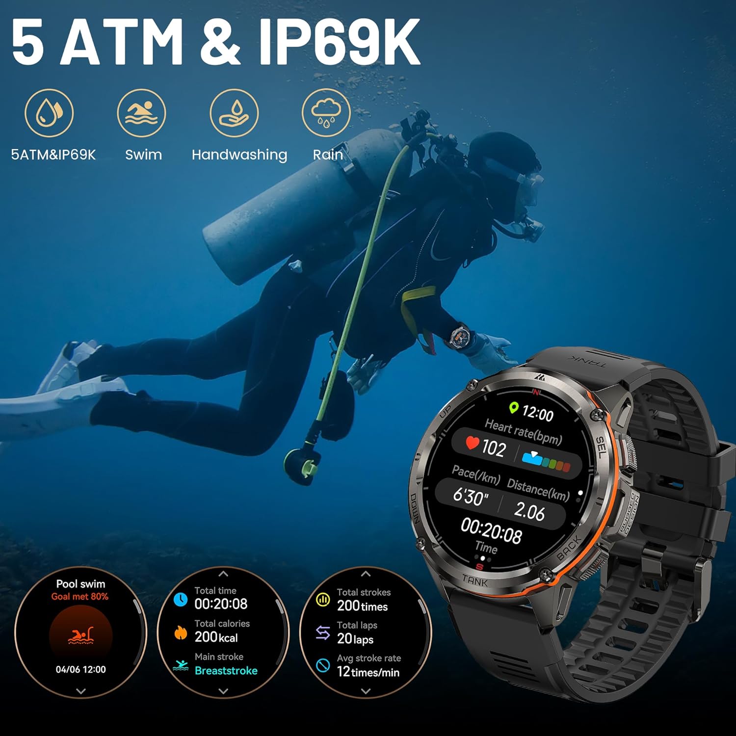 AMAZTIM GPS Smart Watch for Men, 6 Satellite Positioning, Compass, Stainless Steel Body, 50M Waterproof, 470mAh Extra-Large Battery, Answer/Make Call, 1.43' AMOLED Screen, Compatible for Android iOS