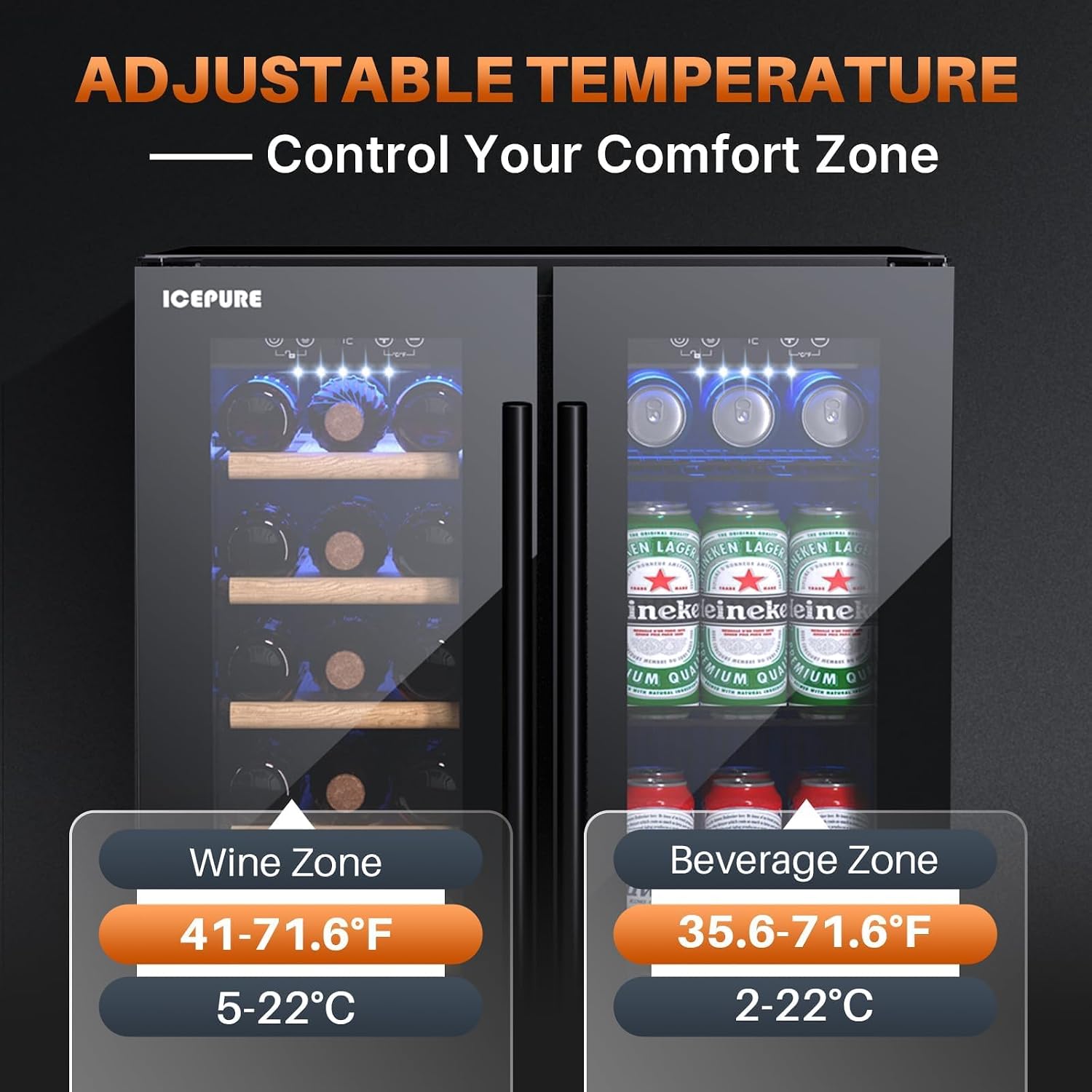 ICEPURE Wine and Beverage Refrigerator 24 Inch, Dual Zone Wine and Beverage Cooler with Glass Door, Freestanding or Built-In Wine Fridge Under Counter Lockable, Hold 19 Bottles and 58 Cans, Dark Black