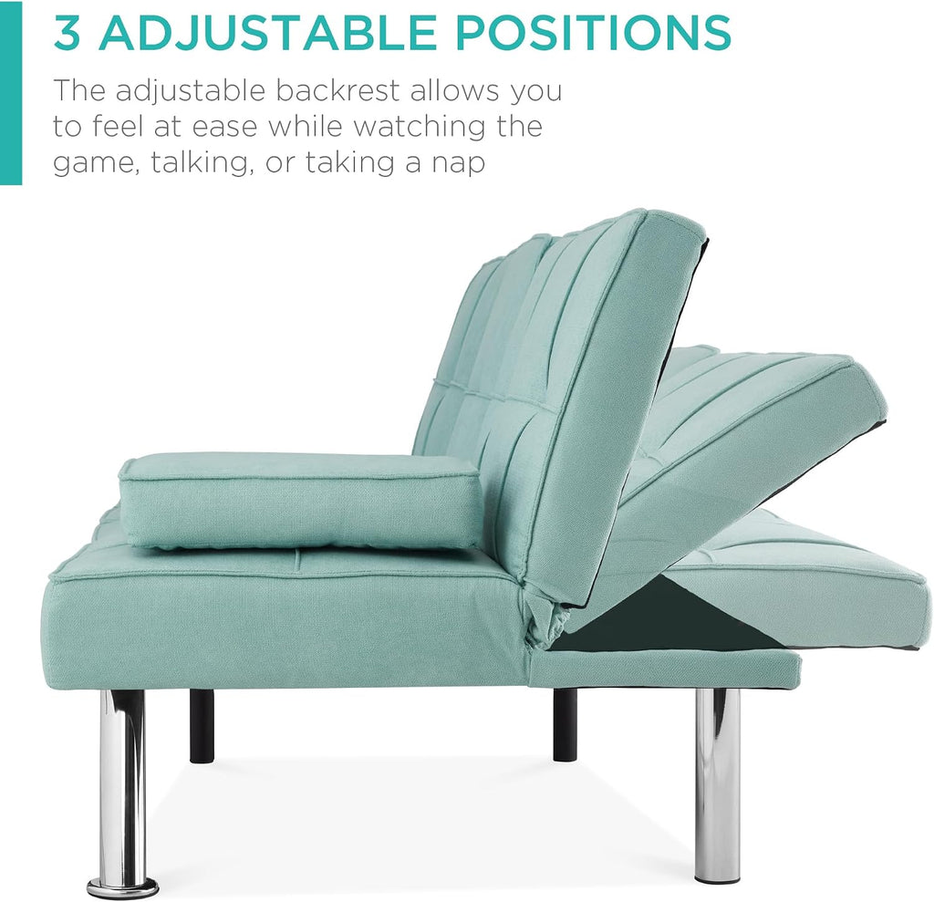 Best Choice Products Linen Modern Folding Futon, Reclining Sofa Bed for Apartment, Dorm w/Removable Armrests, 2 Cupholders - Aqua