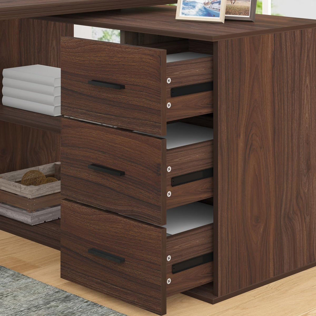 HSH Walnut Home Office Desk L Shaped with Drawers, Reversible Wood Computer Desk Table for Executive Work Writing Study Gaming, Rustic Corner L Desk with Storage Cabinet Shelves for Bedroom, 55 Inch