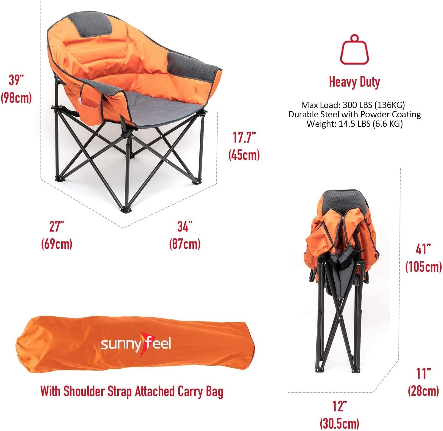 SUNNYFEEL Oversized Camping Chair Heavy Duty 500 LBS Portable Folding Chairs Orange Large Sofa Chair for Beach, Trip, Picnic, Lawn, Outdoor Camp Chair for Adults & Carry Bag