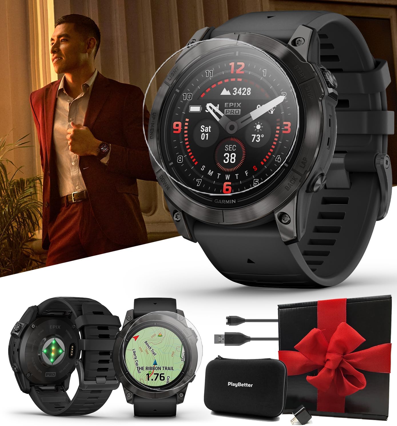 PlayBetter Garmin epix Pro (Gen 2) Sapphire (Carbon Gray DLC/Black, 51mm) GPS Outdoor Watch Gift Box Bundle - AMOLED Display & Built-in Flashlight - includes Screen Protectors, Wall Adapter & Case