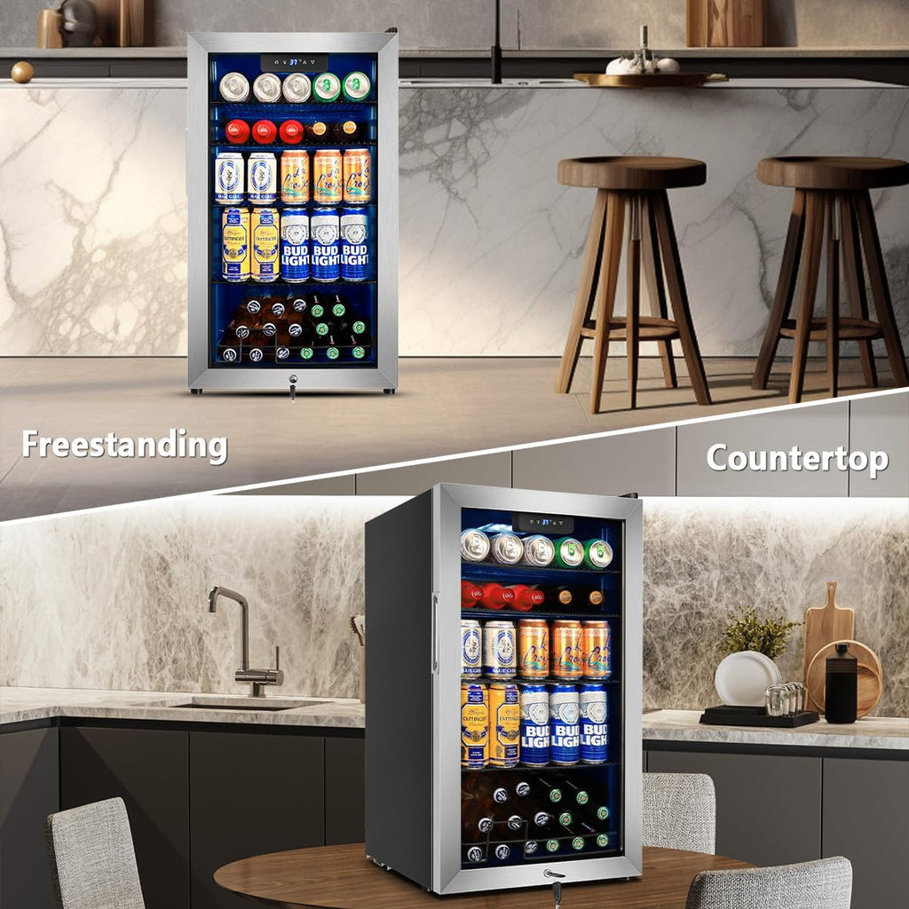 Tylza Beverage Refrigerator Cooler, 130 Cans 3.22 Cu.Ft Small Refrigerator with Low-E Glass Door, Lock, 17-Inch Beer Fridge for Drinks, Beer and Wine, Mini Fridge for Bedroom, Office and Bar, Silver