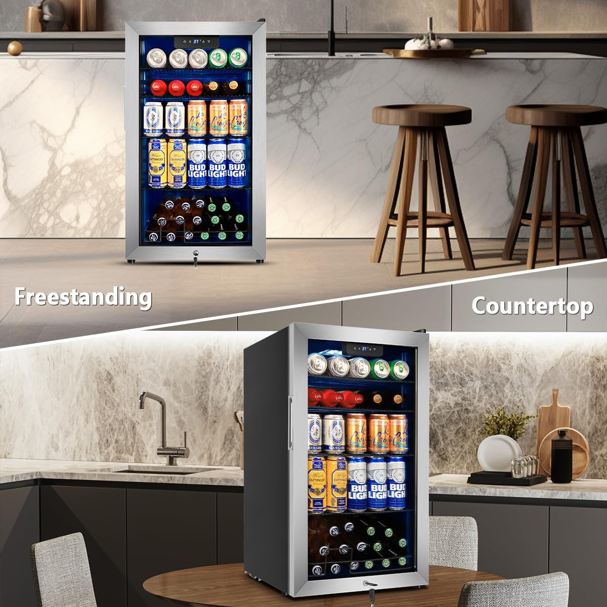Tylza Beverage Refrigerator Cooler, 130 Cans 3.22 Cu.Ft Small Refrigerator with Low-E Glass Door, Lock, 17-Inch Beer Fridge for Drinks, Beer and Wine, Mini Fridge for Bedroom, Office and Bar, Silver