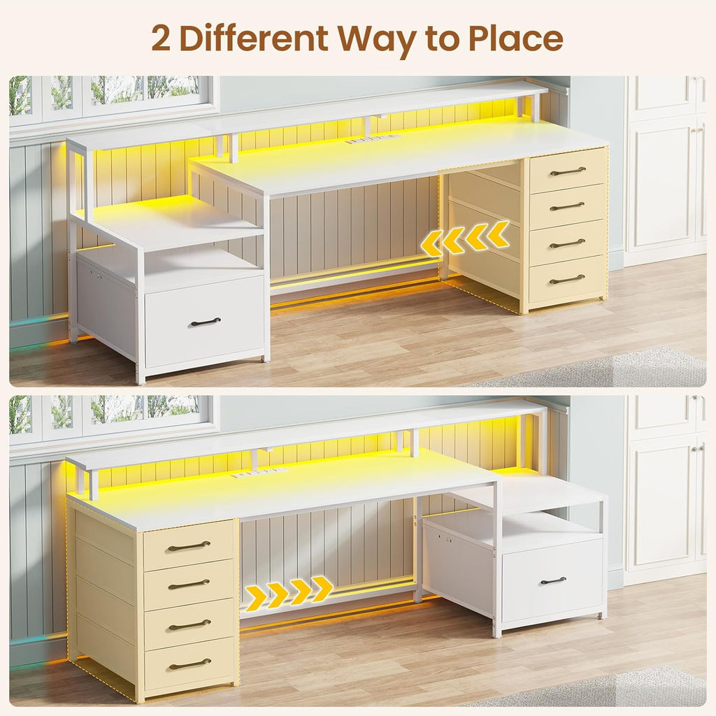 SEDETA White Computer Desk with 5 Drawer & Power Outlet, 66'' Home Office Desk with File Drawer, Storage Shelves, Printer Cabinet and Monitor Shelf, Gaming Desk with Led Lights
