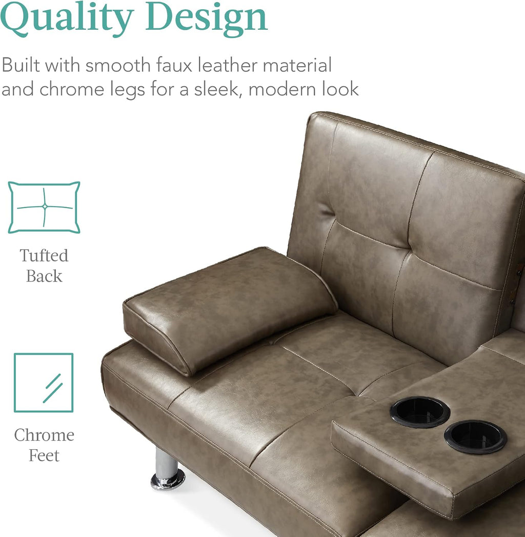 Best Choice Products Faux Leather Upholstered Modern Convertible Futon, Adjustable Folding Sofa Bed, Guest Bed w/Removable Armrests - Gray