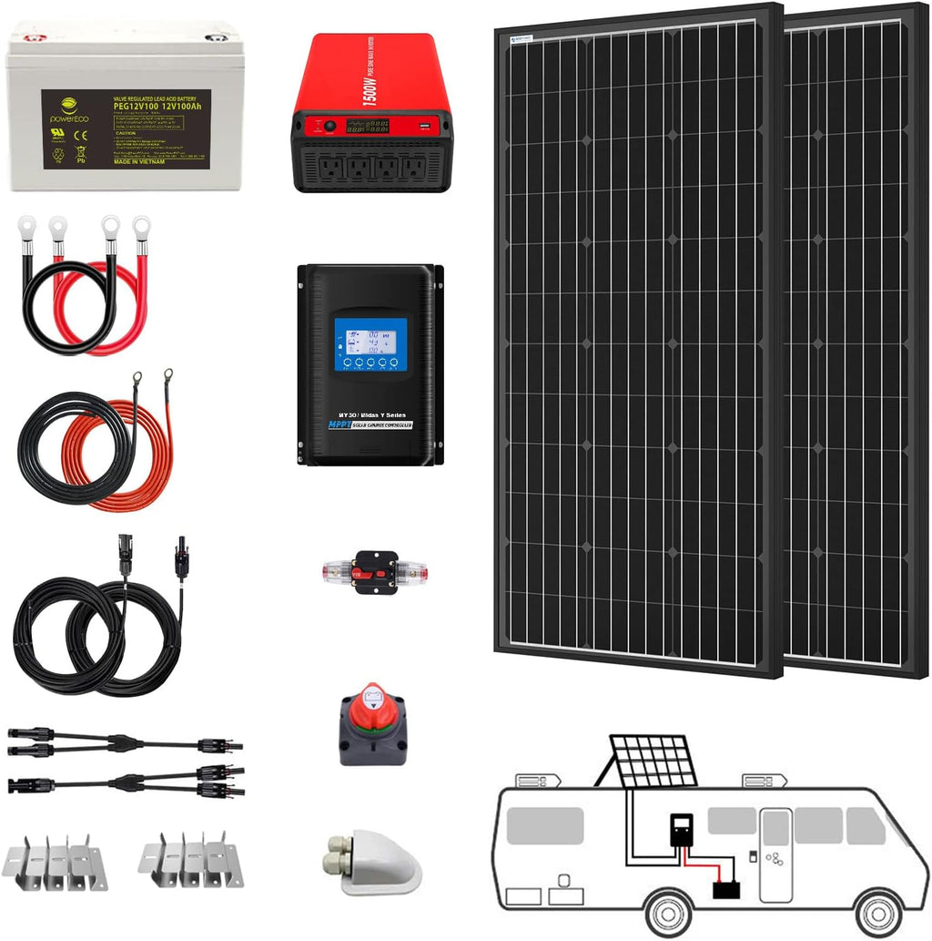 200 Watt (2pcs 100W Mono) Solar Panel Kit + 1500 Watt Power Inverter + Gel Battery Bank for RV, Boat, Cabin, Off-Grid 12 Volt Battery System