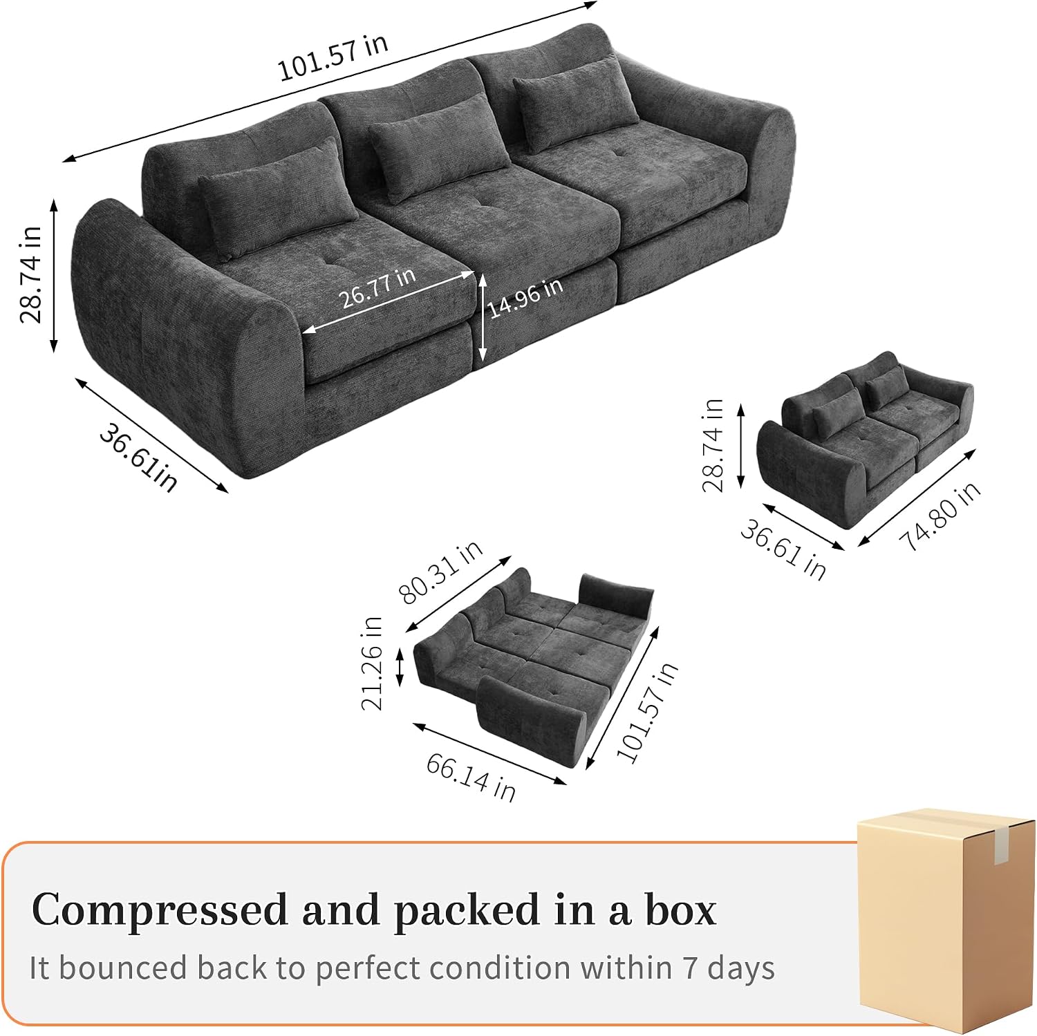 MAXMAXX 102' Cloud Sofa, 4-in-1 Folding Sofa Bed, Floor-Standing Boneless Couch, Futon Sofa Bed for Living Room, Bedroom and Entertainment Room (Black)