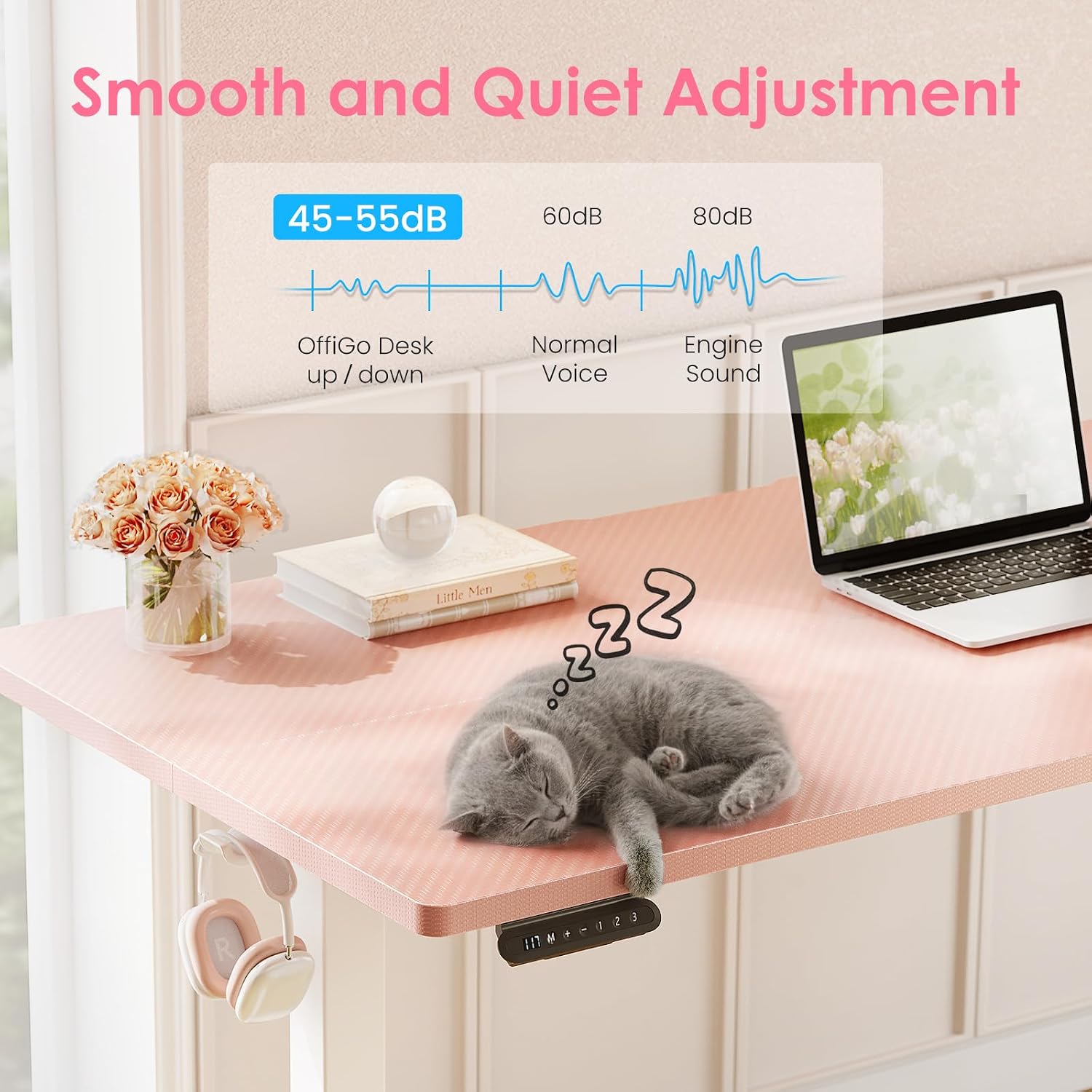 OffiGo Electric Height Adjustable Standing Desk, 40 Inch Pink Computer Desk for Women Girls, Sit Stand Table for Home, Office, Bedroom
