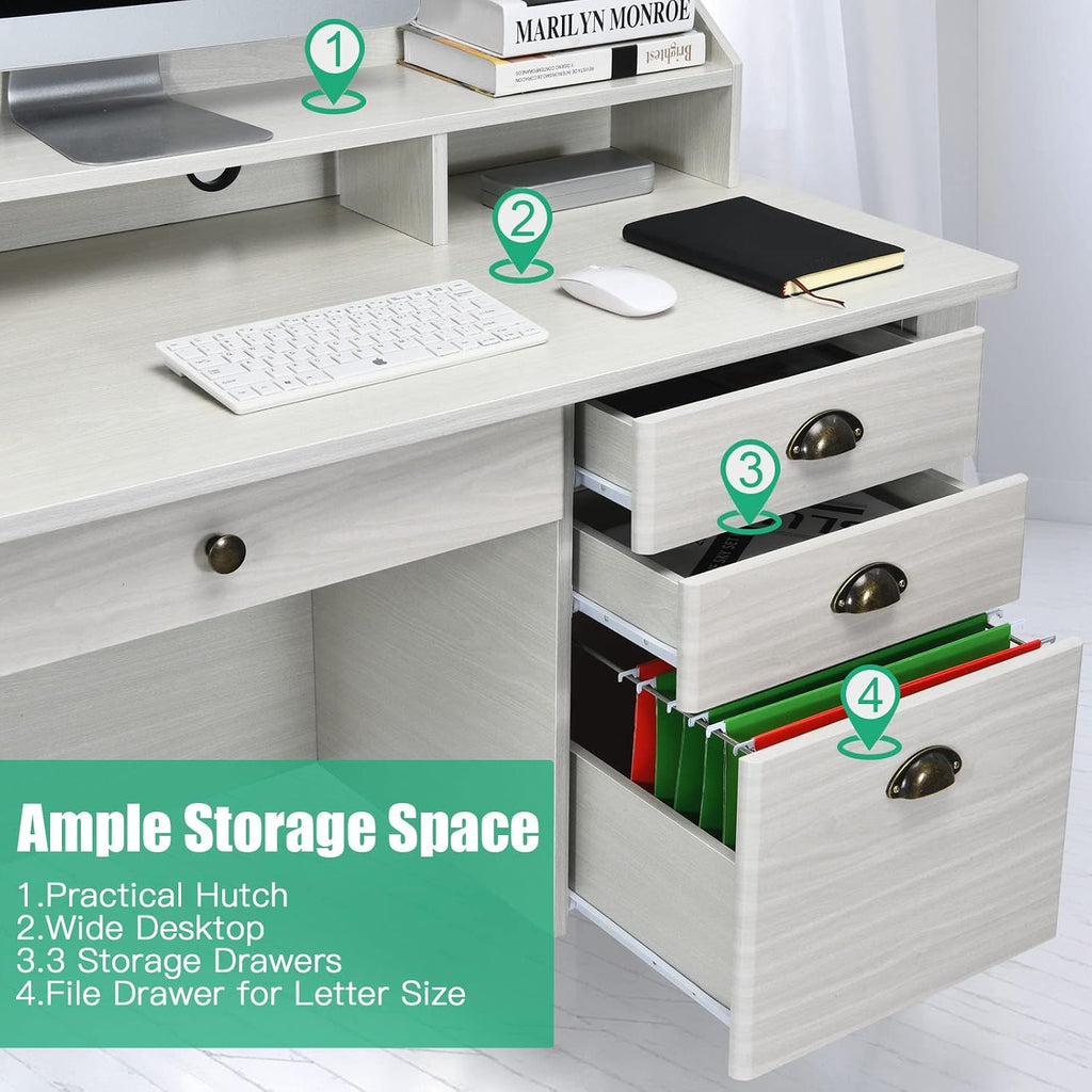 Tangkula White Desk with 4 Storage Drawers & Hutch, Home Office Computer Vintage Desk, Writing Study Table with Storage Shelves, Wooden Executive Desk (White)