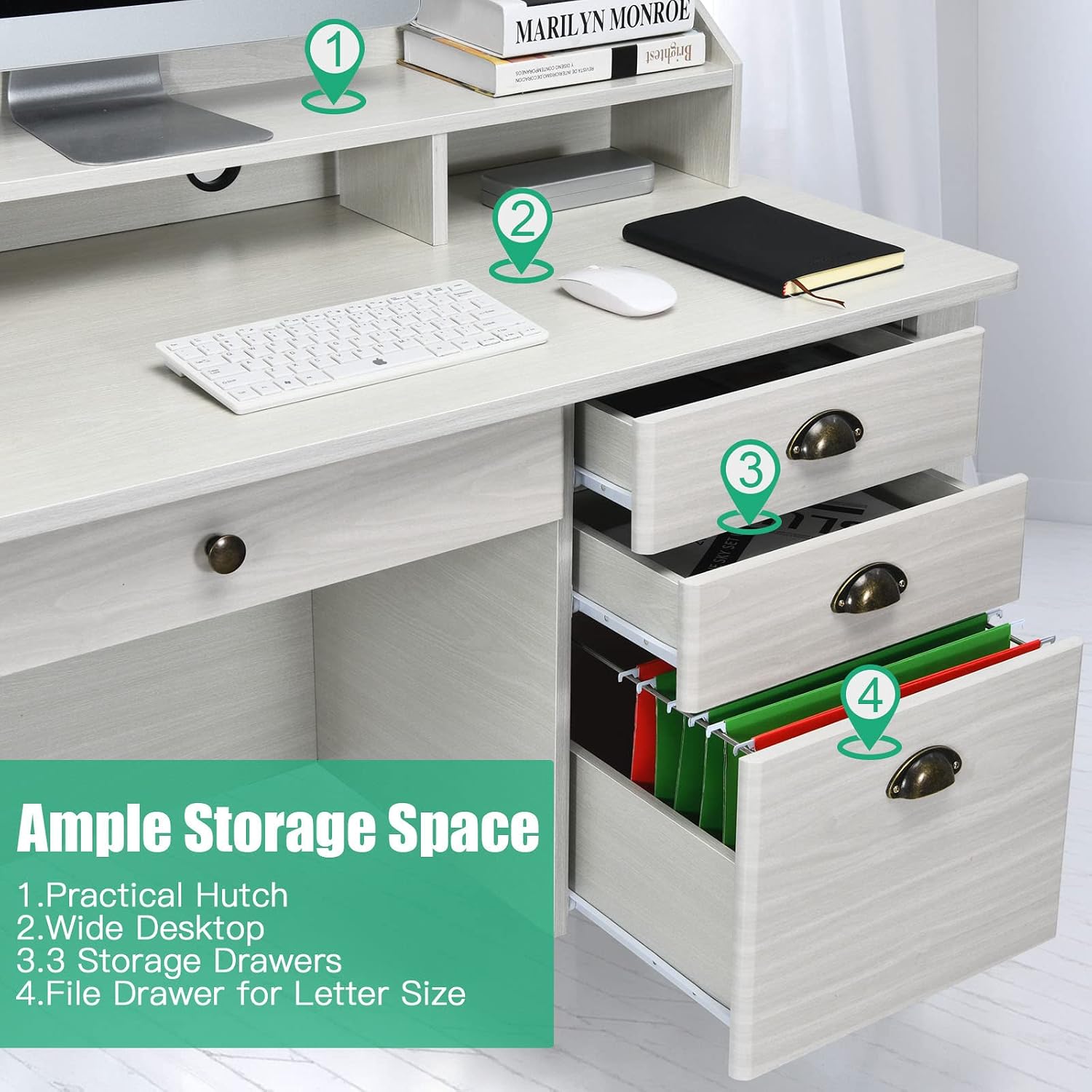 Tangkula White Desk with 4 Storage Drawers & Hutch, Home Office Computer Vintage Desk, Writing Study Table with Storage Shelves, Wooden Executive Desk (White)