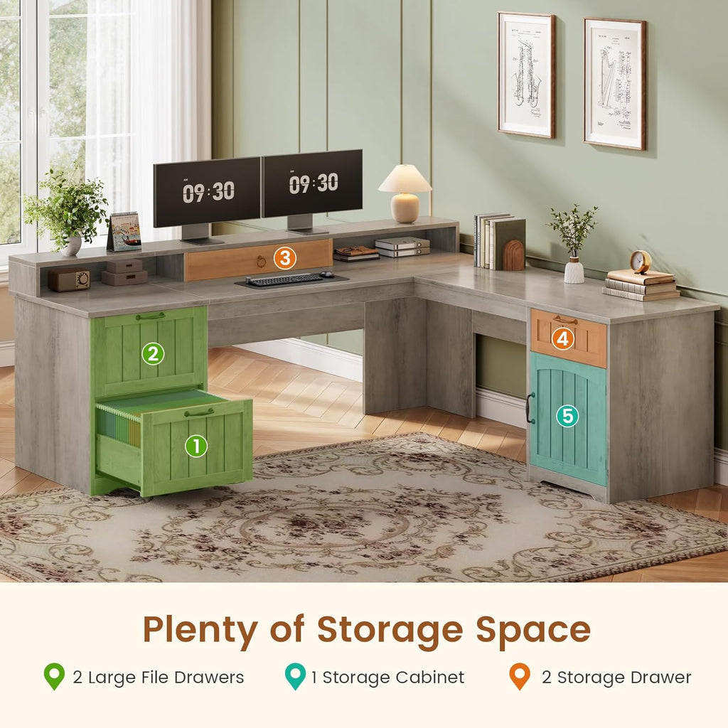 SEDETA 63' L Shaped Desk with Drawers, Farmhouse Corner Computer Desk, Wood Office Desk with File Drawers with Storage, Executive Desk with Monitor Stand and Storage Cabinet, Grey