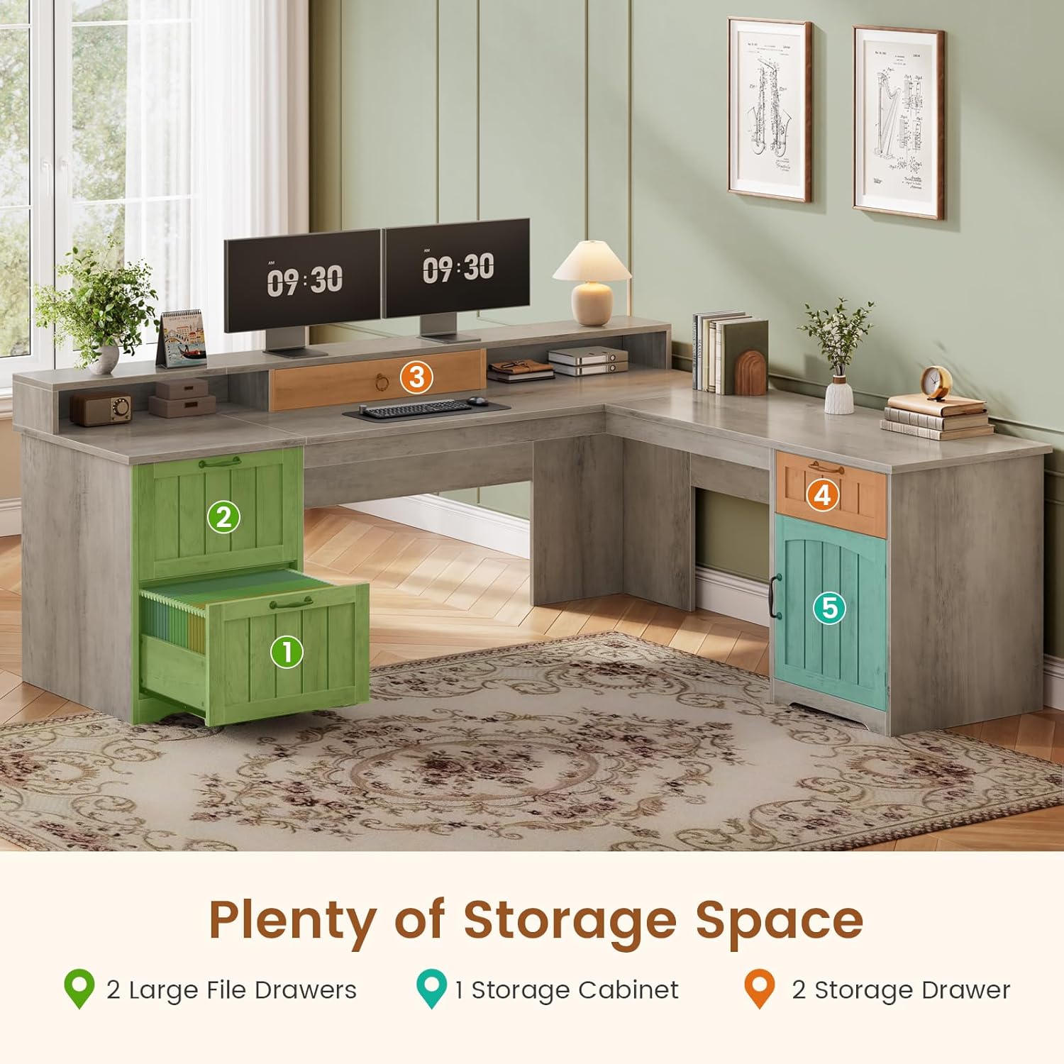 SEDETA 63' L Shaped Desk with Drawers, Farmhouse Corner Computer Desk, Wood Office Desk with File Drawers with Storage, Executive Desk with Monitor Stand and Storage Cabinet, Grey
