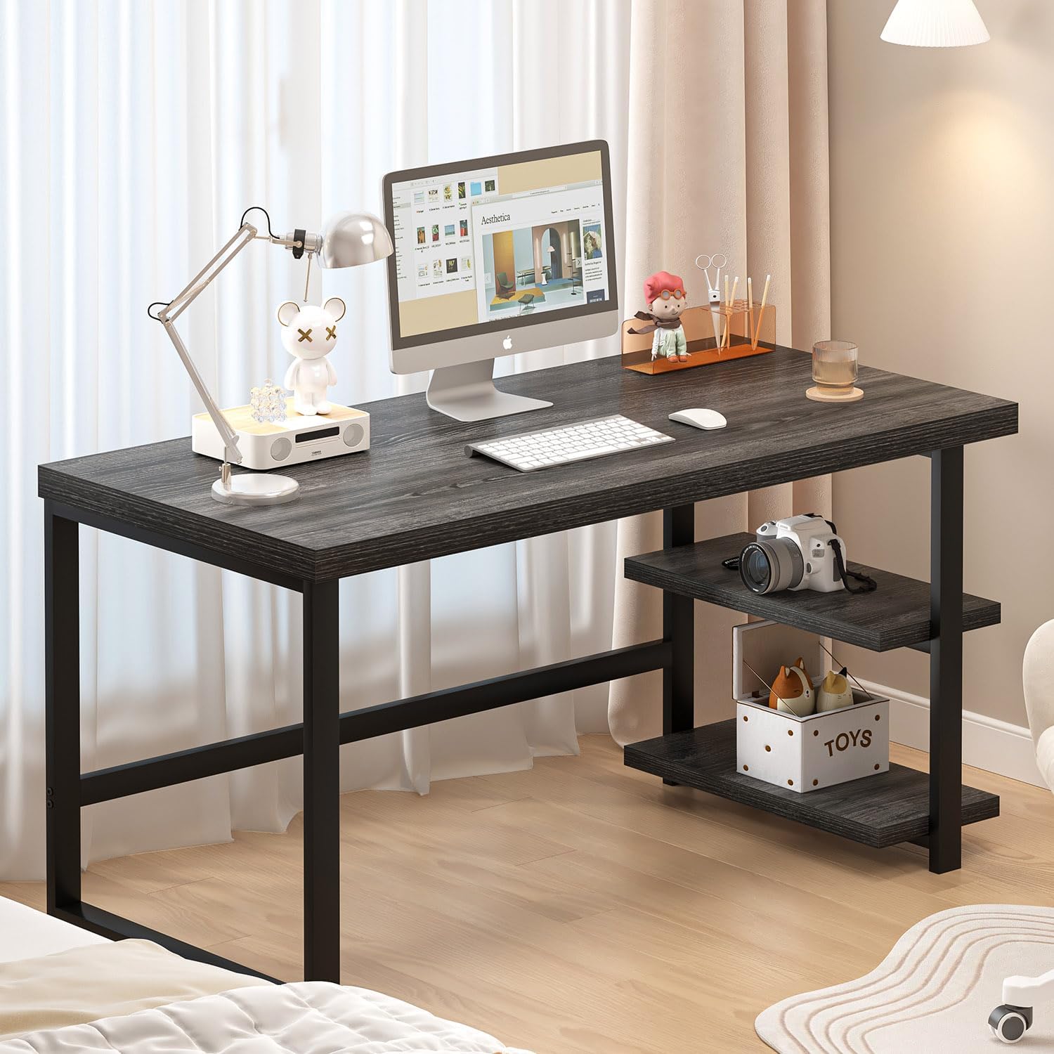 FOLUBAN 47 Inch Computer Desk with Storage Shelves, Modern Home Office Desk, Small Study Writing Desk Gaming Table Workstation for Bedroom Living Room, Industrial Dark Gray