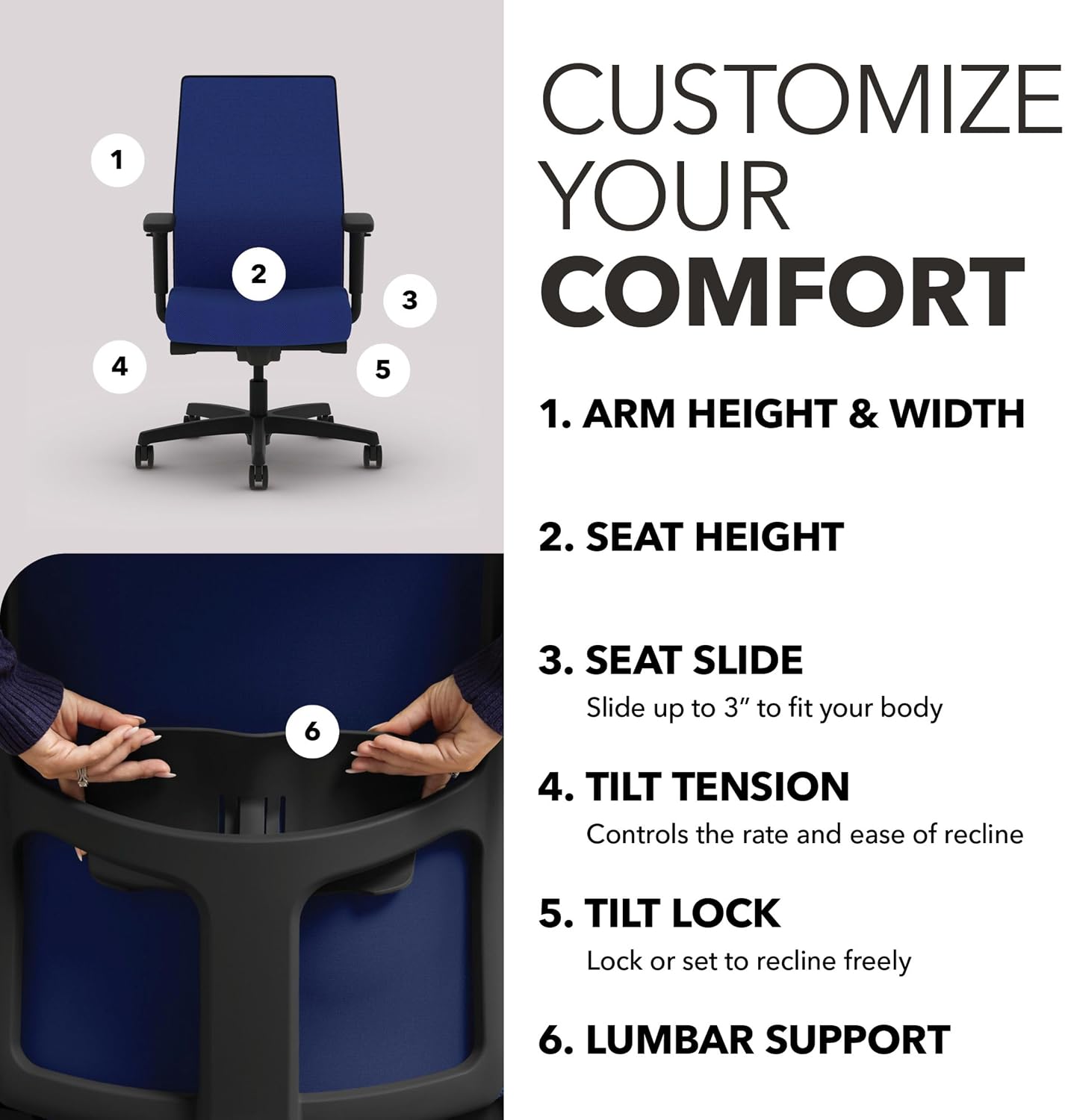 HON Ignition 2.0 Mid‑Back Ergonomic Office Chair, Mesh Task Seating with Lumbar Support, Advanced Synchro‑Tilt, Height and Width Adjustable Arms, Black Frame, Cobalt