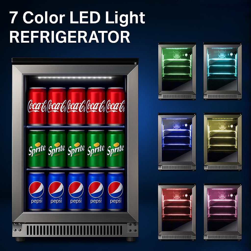 20.1 Inch Built-in Beverage Refrigerator with 7-Color LED Light, Compact 120 Can Under Counter or Freestanding Stainless Steel Drink Cooler Fridge with Glass Door for Soda & Beer